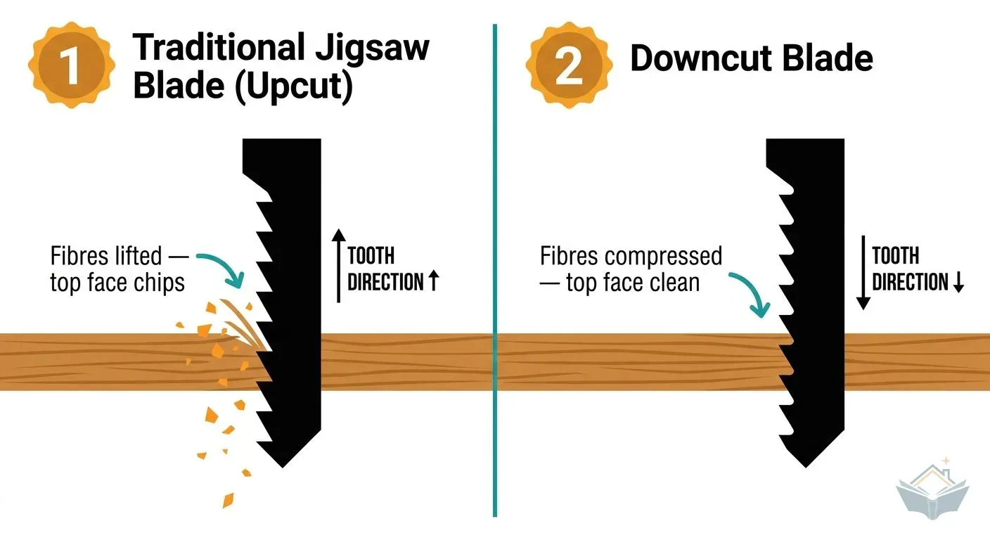 Side-by-side diagram comparing a standard upcut jigsaw blade (left) and a downcut reverse-tooth blade (right) cutting through a laminate worktop cross-section. The left panel shows teeth pointing upward with arrows indicating fibres being lifted and chipping on the top face. The right panel shows teeth pointing downward with arrows compressing fibres into the substrate, leaving the top face clean.