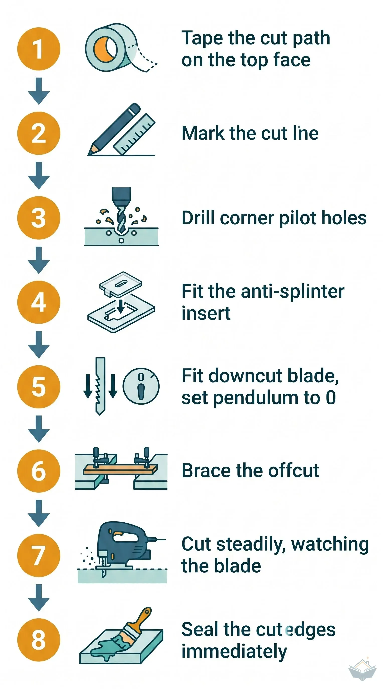 Vertical eight-step infographic showing the complete worktop cutout workflow: step one tape the cut path, step two mark the cut line, step three drill corner pilot holes, step four fit the anti-splinter insert, step five fit downcut blade and set pendulum to zero, step six brace the offcut, step seven cut steadily watching the blade, step eight seal the cut edges immediately.