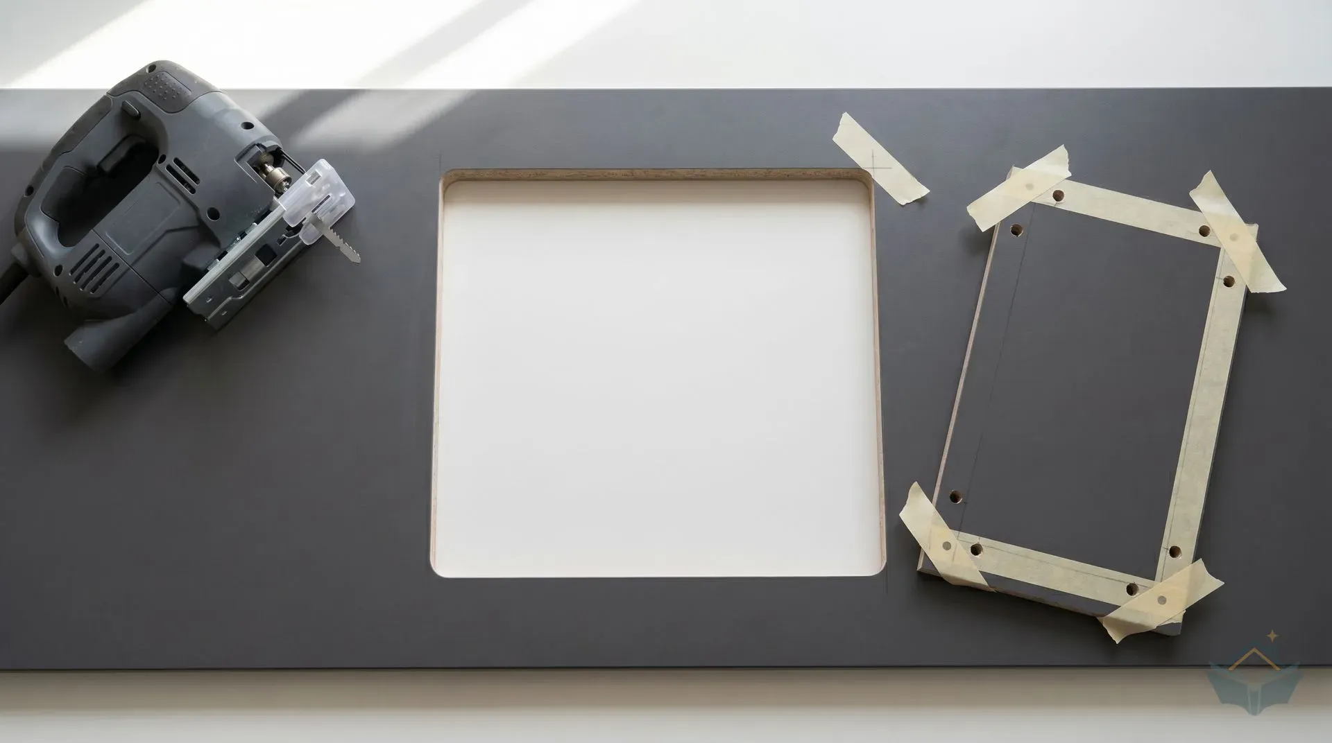 Overhead view of a finished rectangular sink cutout in a dark grey laminate worktop, showing clean sharp cut edges with no chipping or tearout. The waste piece sits to the right with corner pilot holes visible. Beige masking tape is partially peeled back near the cut line. An unbranded jigsaw with a clear anti-splinter insert visible in the baseplate sits to the upper left.