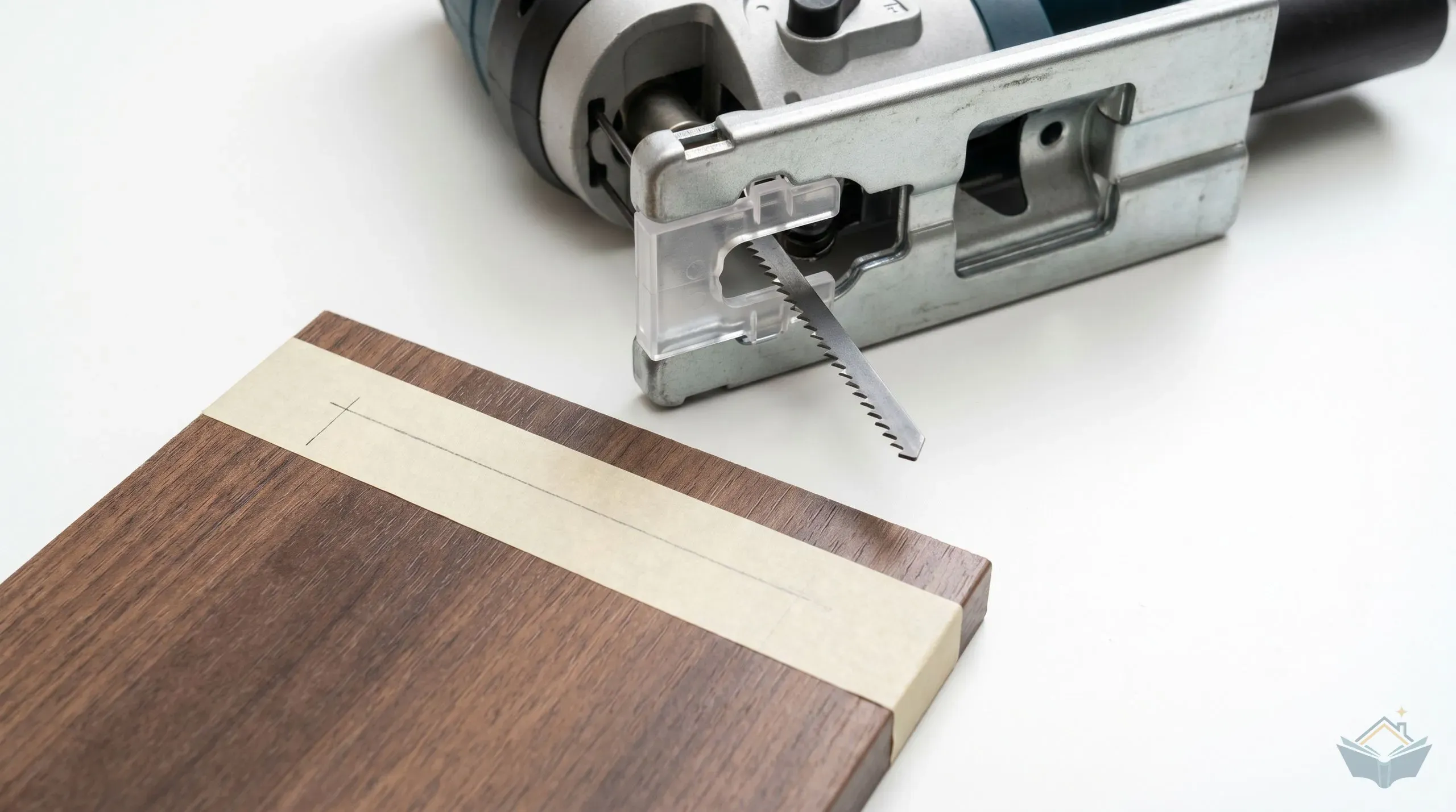 Close-up of a clear plastic anti-splinter insert clipped into the front of a jigsaw baseplate, with a downcut blade fitted and a strip of masking tape running across a laminate worktop sample below
