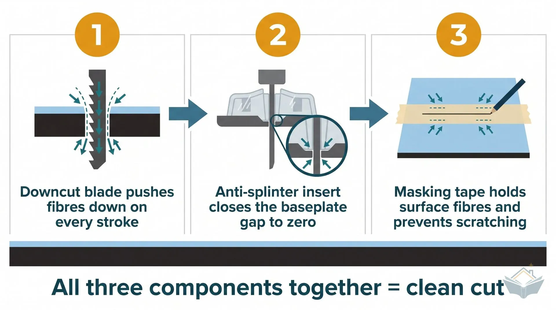 Three-panel infographic showing the anti-chip system for jigsaw cutting: panel one shows a downcut blade with arrows indicating fibres are pushed downward into the laminate substrate; panel two shows an anti-splinter insert closing the baseplate gap to zero clearance around the blade; panel three shows masking tape across the top face of a laminate sample with a pencil cut line drawn on it.
