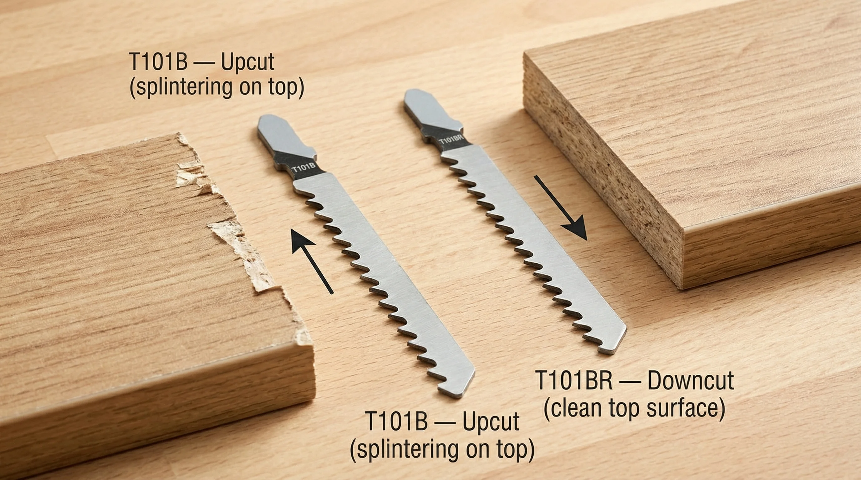 Two T-shank jigsaw blades lying side by side on a workbench. The left blade has upward-pointing teeth (standard T101B upcut type) and the right has downward-pointing teeth (T101BR reverse downcut). A chipped laminate sample sits beside the upcut blade; a clean-cut sample beside the downcut blade.