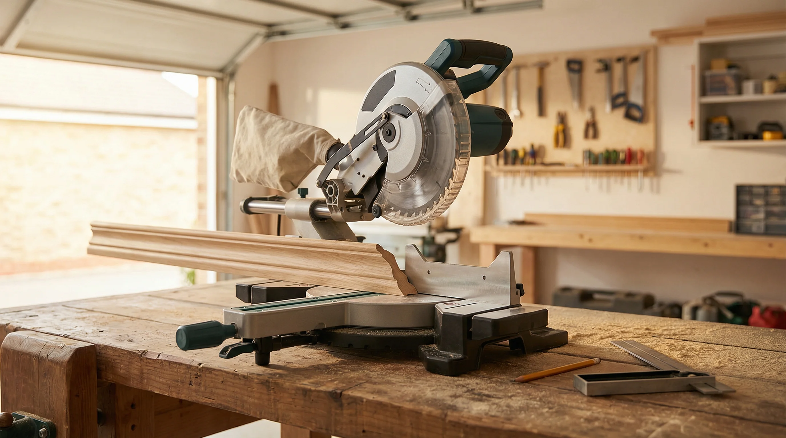 A sliding compound mitre saw mounted on a workbench with a length of skirting board positioned against the fence, ready for an angled cut