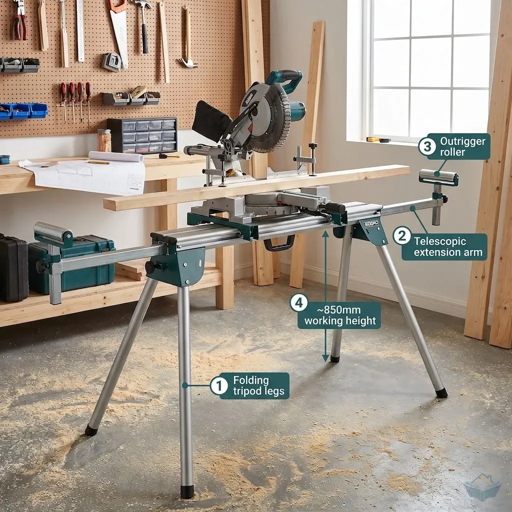 A folding tubular-steel mitre saw stand with extension arms and roller supports, a sliding compound mitre saw mounted on top, set up in a partly decorated room ready to cut full-length skirting boards