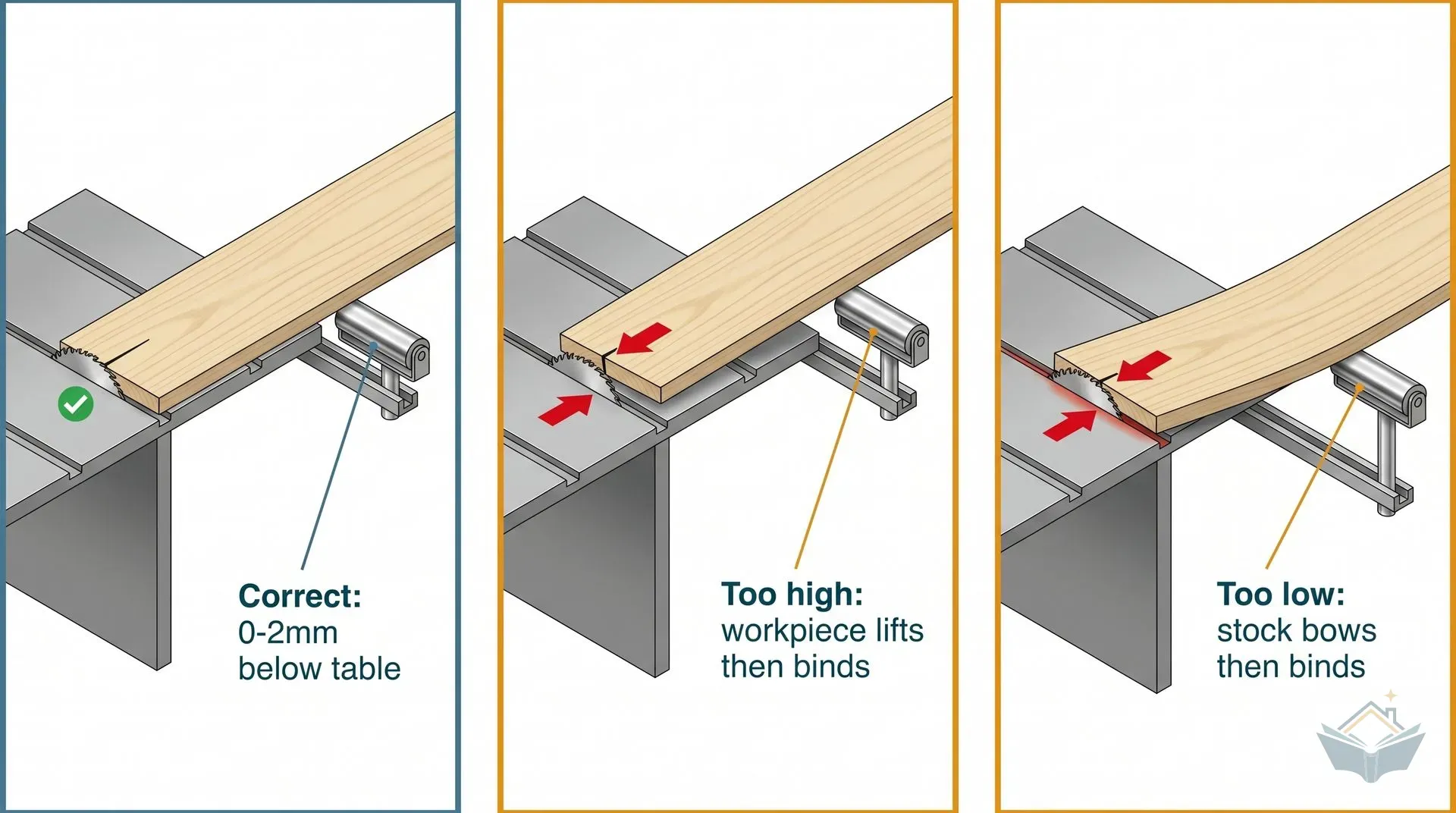 Three cross-section diagrams showing mitre saw outrigger roller height alignment: correct position 0-2mm below the table keeps the workpiece flat; too high causes the workpiece to lift and bind the blade; too low causes the stock to bow and close the kerf.