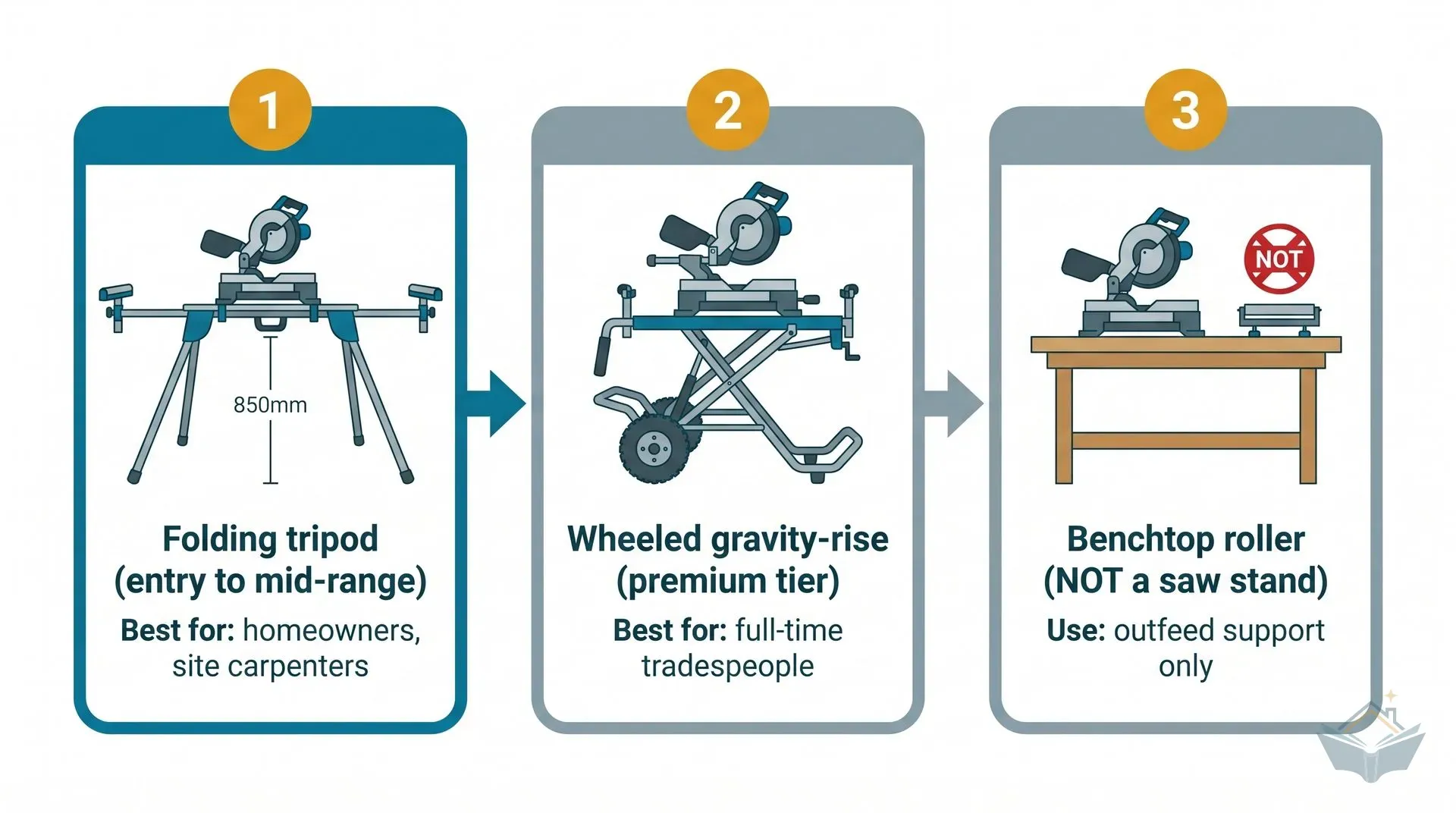 Three-panel comparison of mitre saw stand categories: a folding tripod stand (recommended for homeowners), a wheeled gravity-rise stand (for full-time tradespeople), and a benchtop roller stand (outfeed support only, not a saw stand).