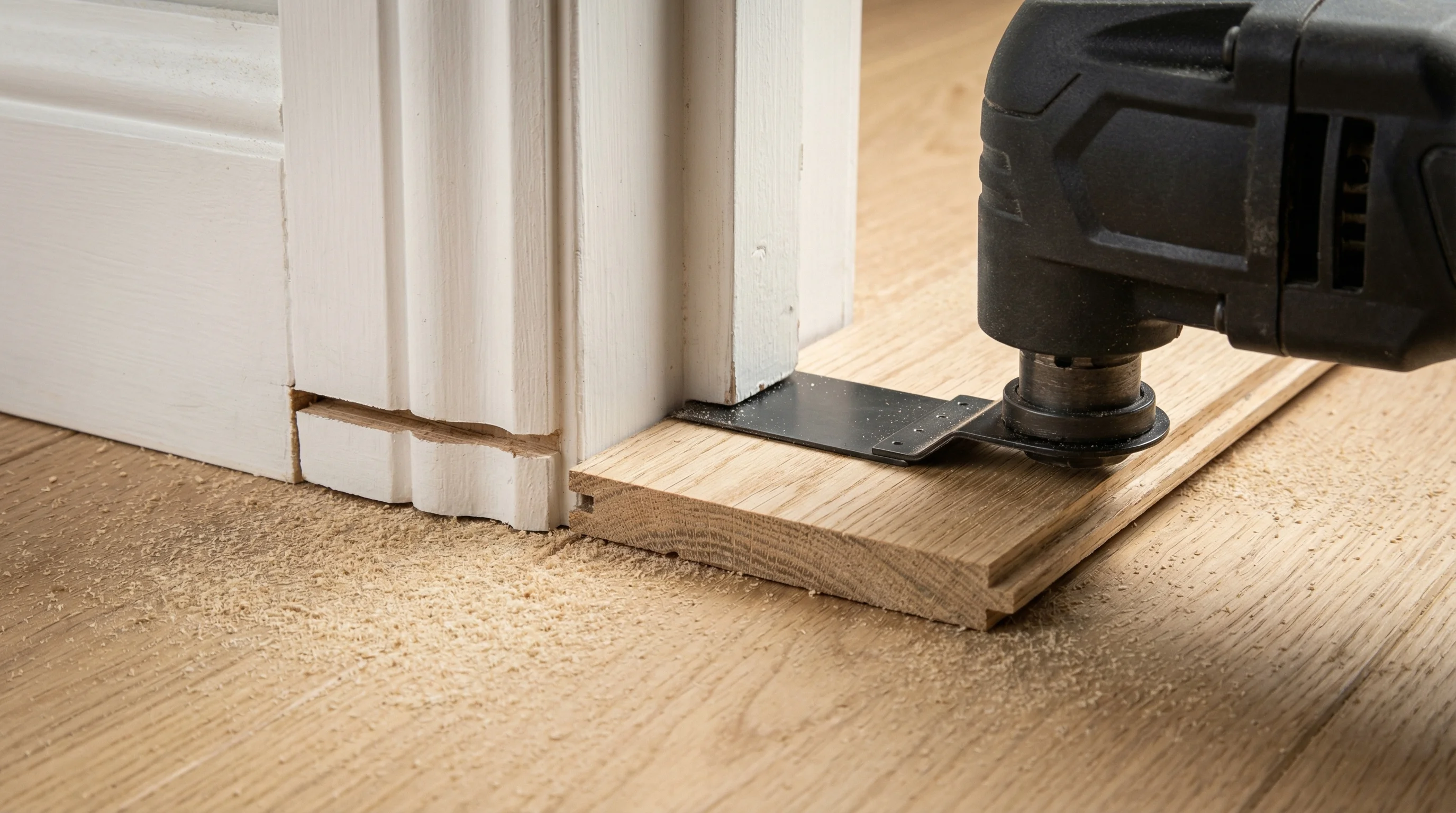 Close-up of an oscillating multi-tool with its blade resting flat on an engineered oak flooring offcut used as a depth guide, cutting horizontally into the base of a white-painted door frame. One side of the frame shows a completed undercut gap, the other shows the tool mid-cut with fine sawdust visible.