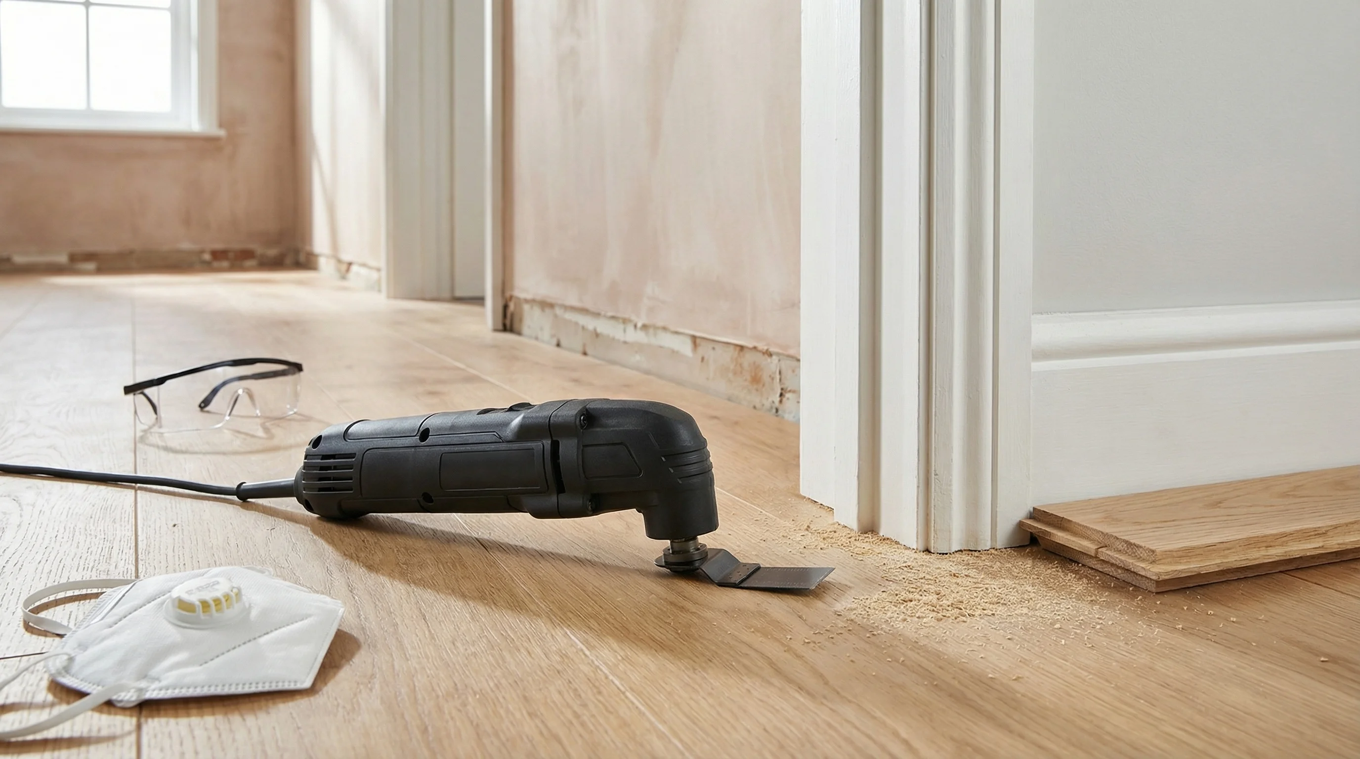 An oscillating multi-tool with a plunge-cut blade fitted, resting on a timber floor beside an undercut door frame