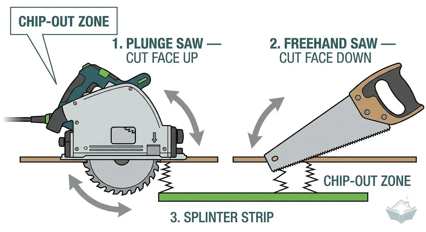 Side-elevation technical diagram comparing a plunge saw on its guide rail (left) with a freehand circular saw (right). The plunge saw cuts face-up with chip-out on the underside, while the freehand circular saw cuts face-down with chip-out on the top surface. The splinter strip on the guide rail and the chip-out zones are annotated with numbered callouts.