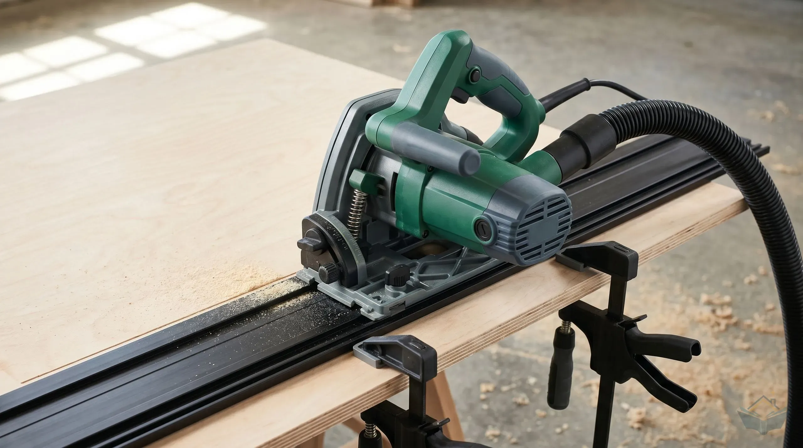 A corded plunge saw seated on its guide rail mid-cut on a sheet of plywood, sawdust ducted away through an extraction hose