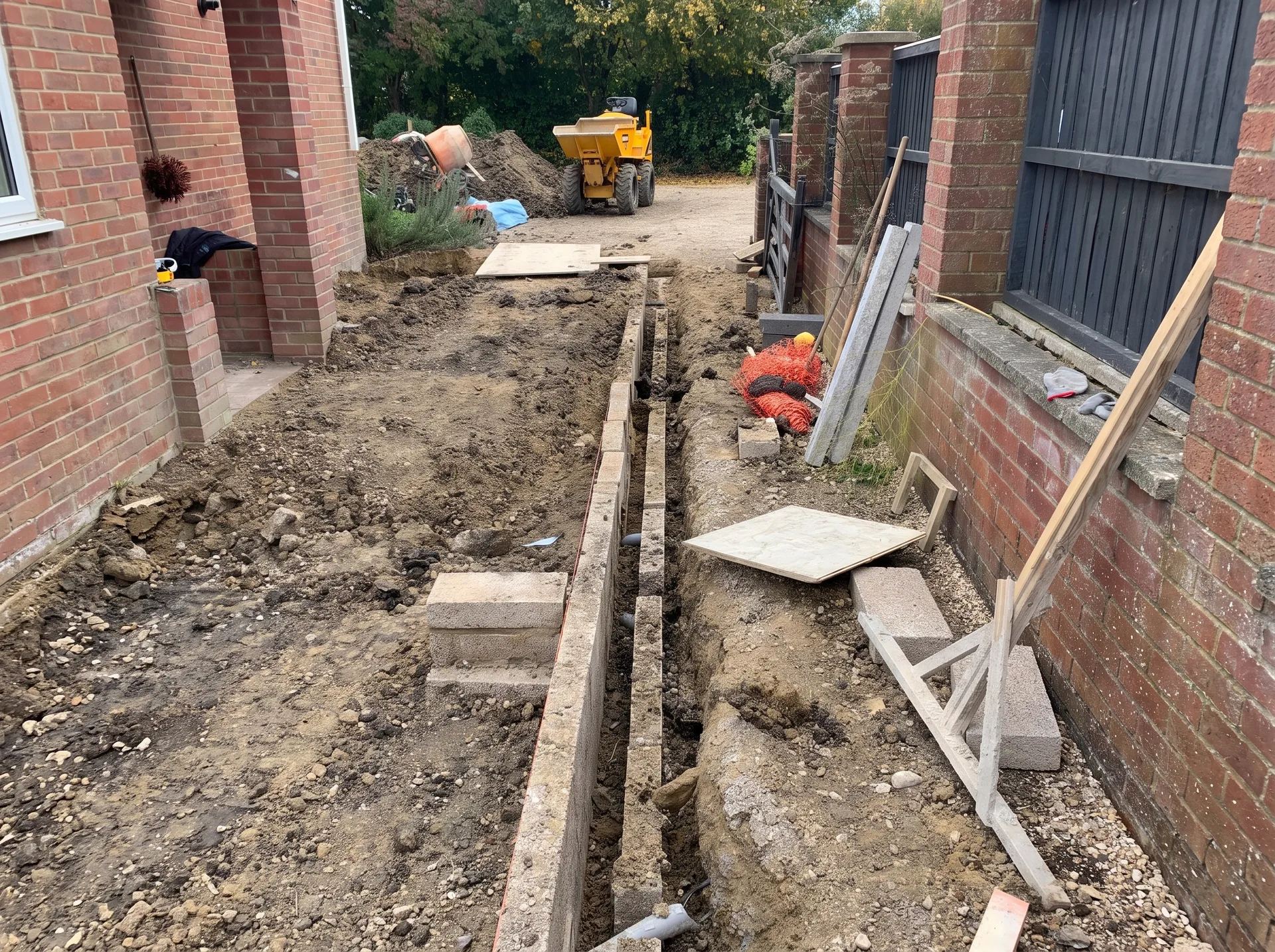 Below ground blockwork rising from a poured concrete foundation along a side return, with a mini dumper and spoil heaps in the background.