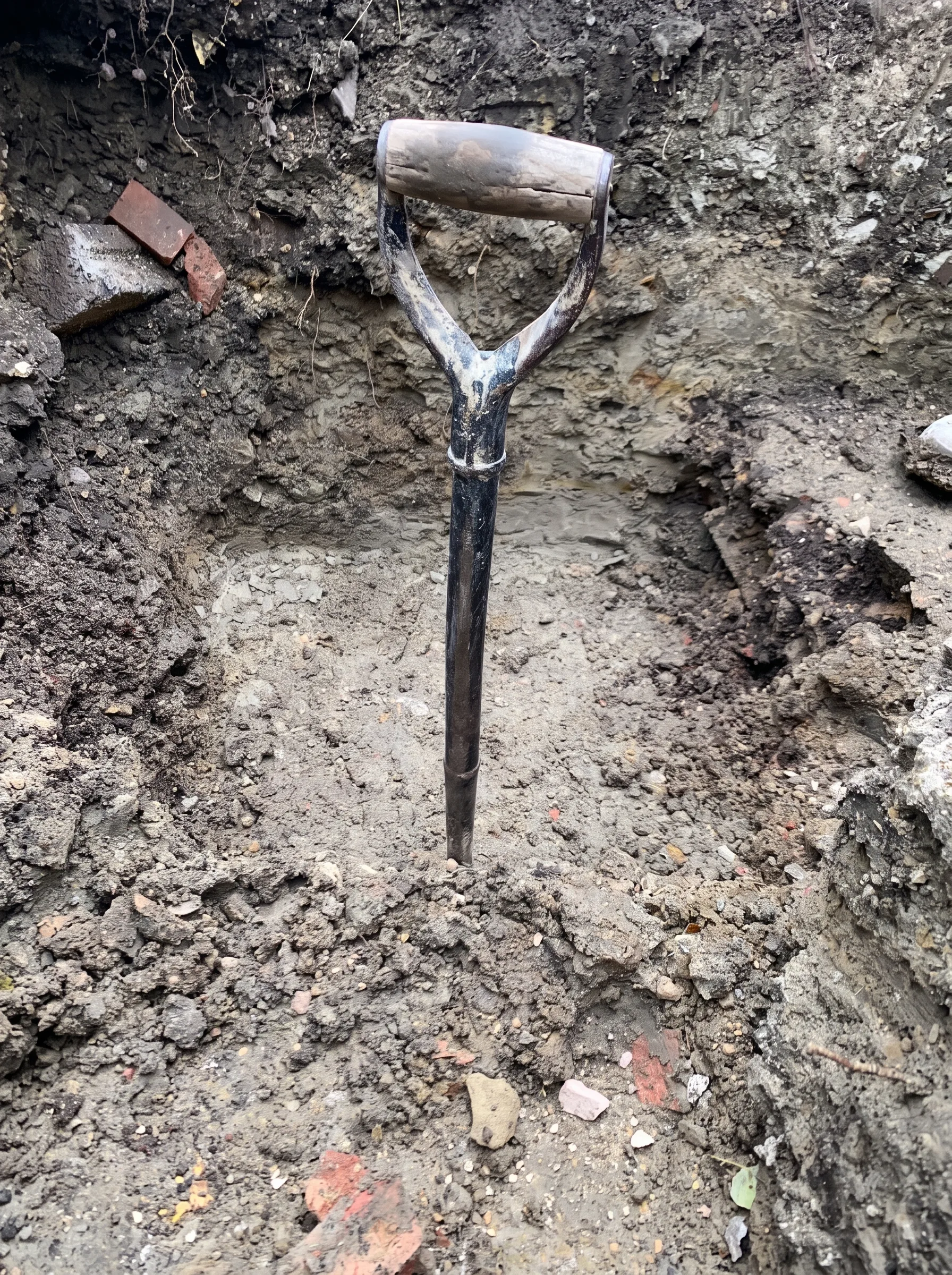 A spade standing upright in the bottom of a deep excavated corner, with tree roots and broken brick visible in the exposed trench walls.