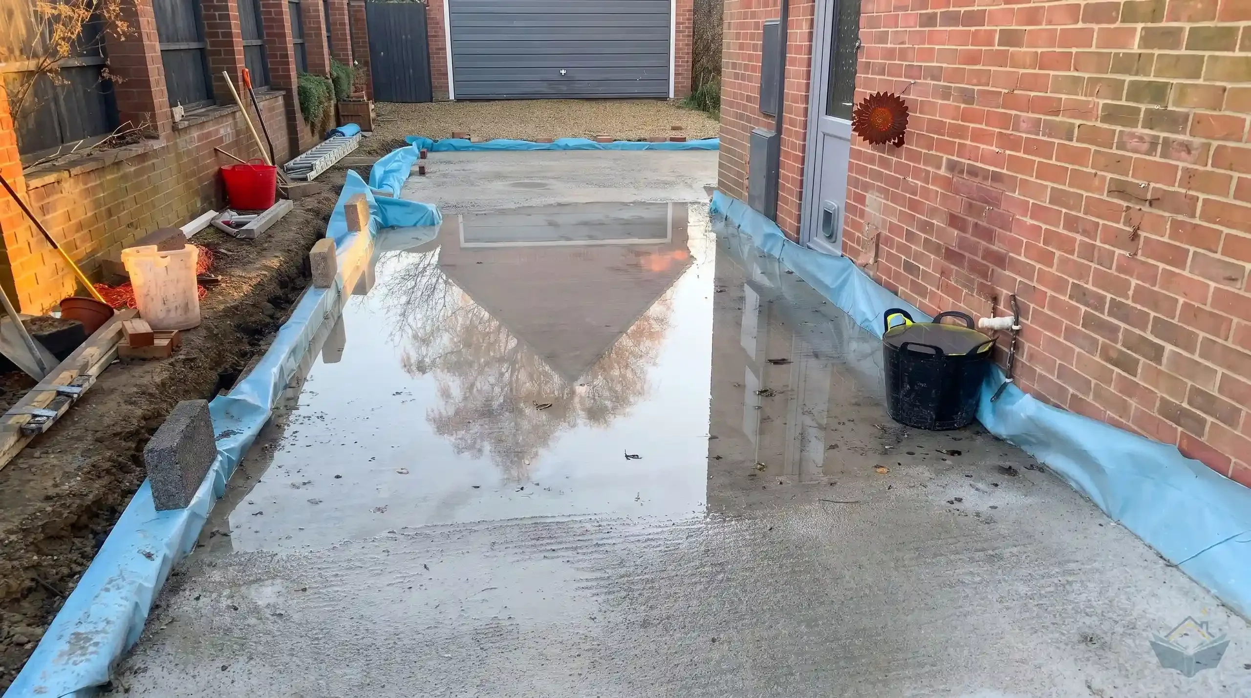 Rainwater pooled across a newly poured sub-floor slab, with blue DPC folded up over the first course of blockwork and held down by loose blocks.