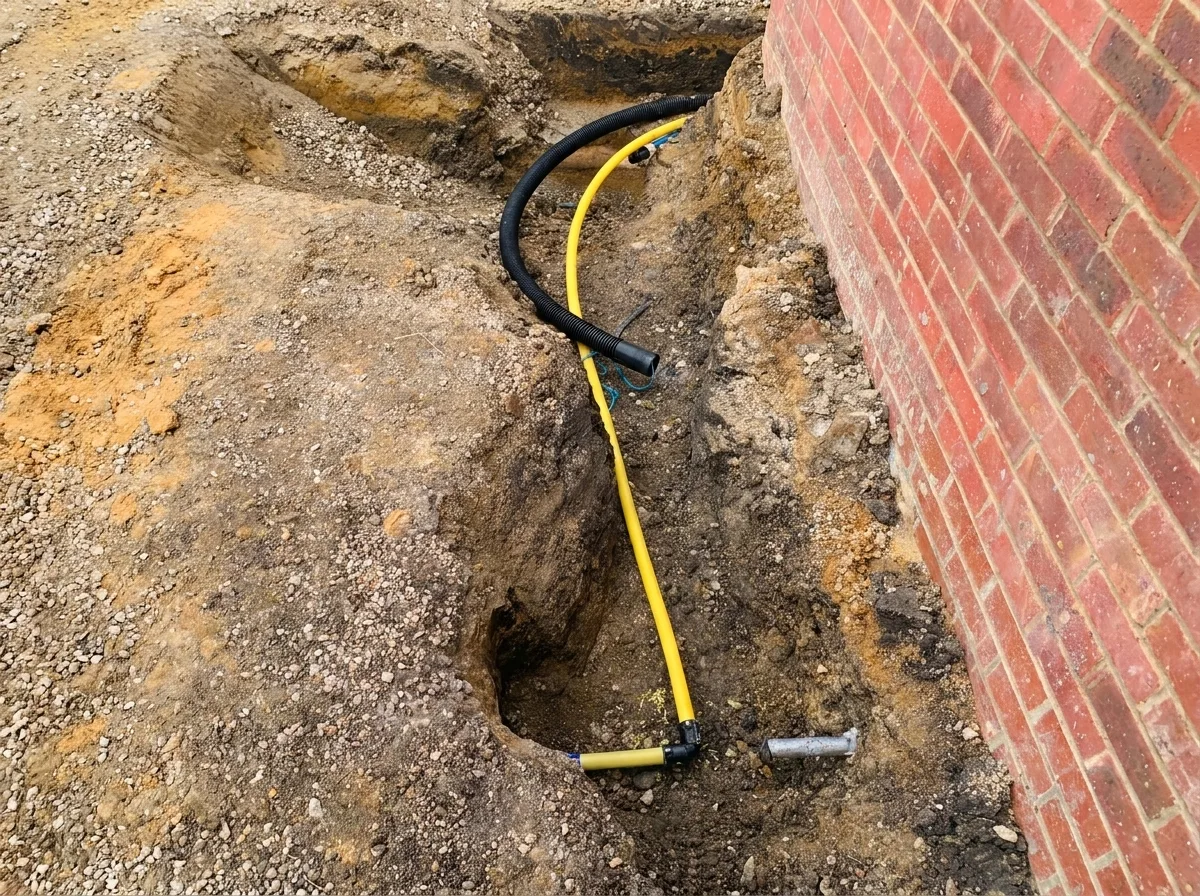 A narrow trench beside a brick wall containing a new yellow gas service pipe and a black corrugated conduit, with the old gas pipe cut off.