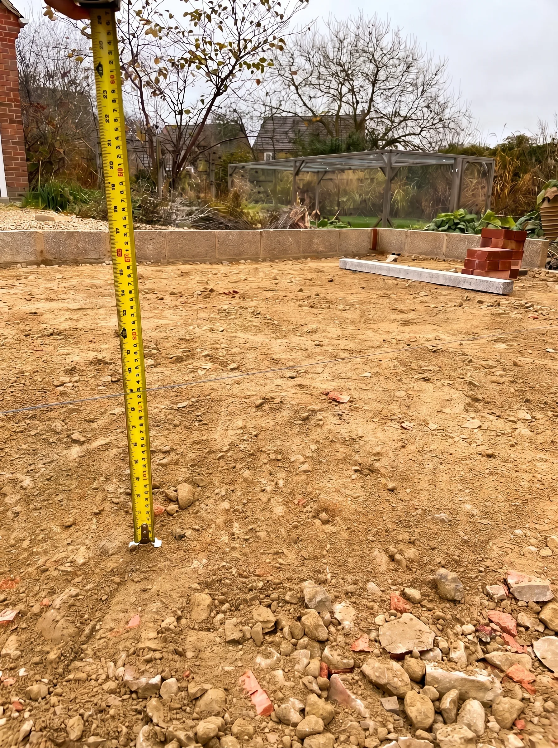 A tape measure held against blockwork inside the extension footprint, showing the distance between a marked blue level line and the compacted hardcore surface below.