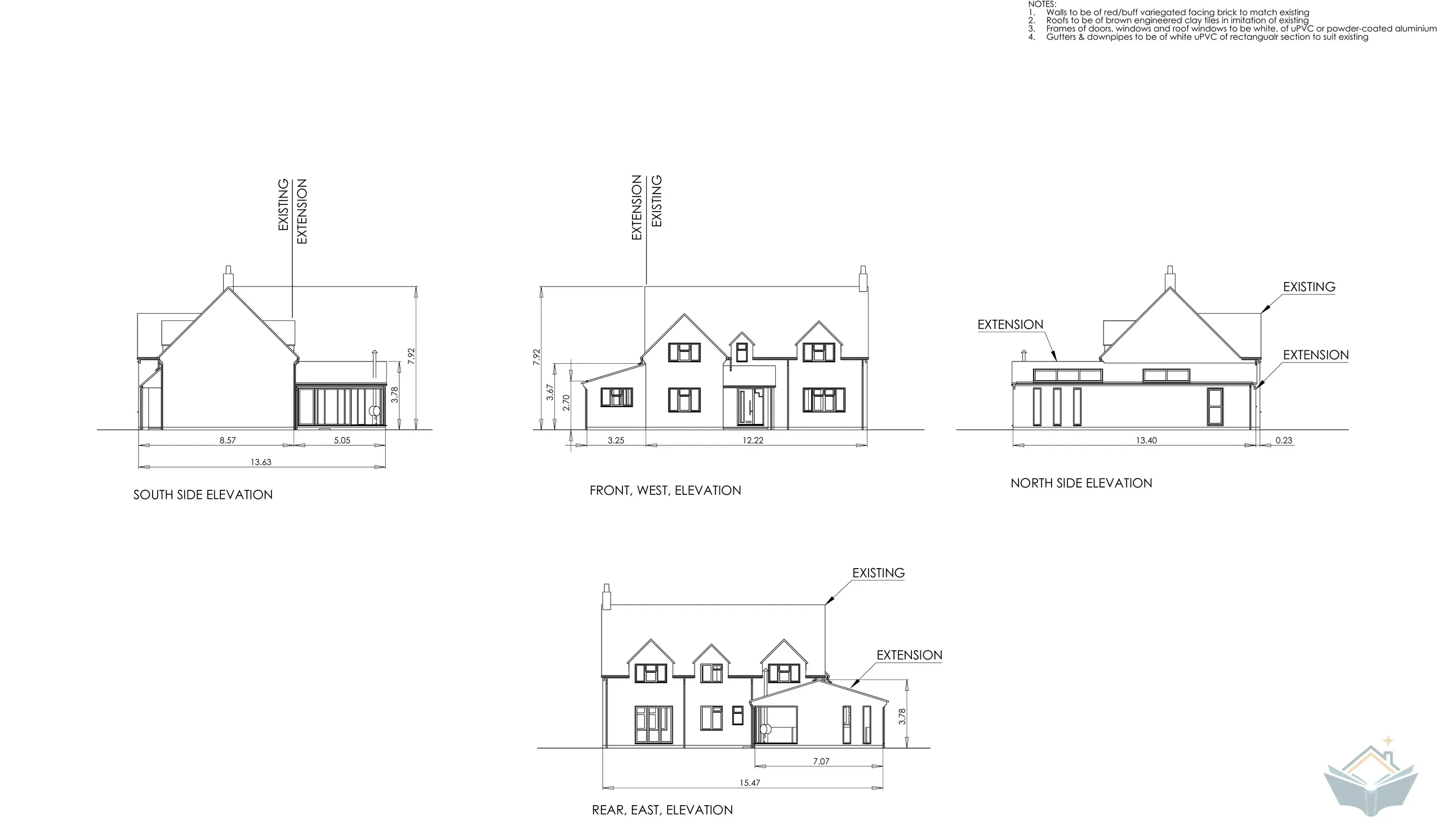 Approved elevation drawings of a detached house seen from four sides, the existing building shown alongside the proposed kitchen extension with dimensions and notes calling out matching brick, brown clay roof tiles and white framed glazing.