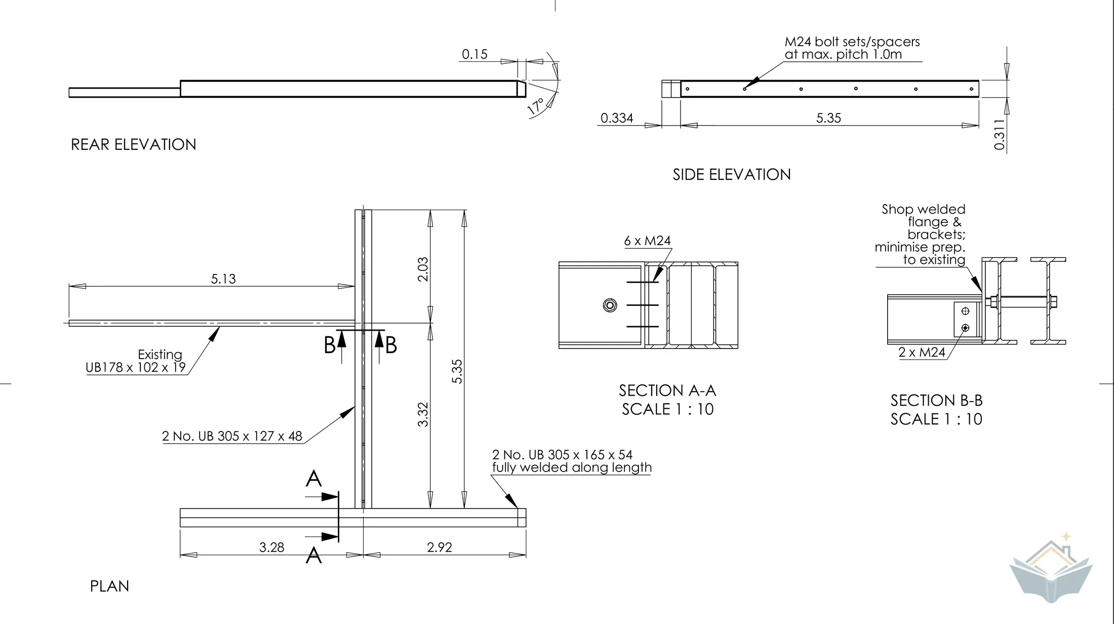 A steelwork drawing in plan, rear and side elevations with two bolted connection details, showing an existing beam picked up by a new assembly of two welded pairs of universal beams joined with brackets and large bolts.