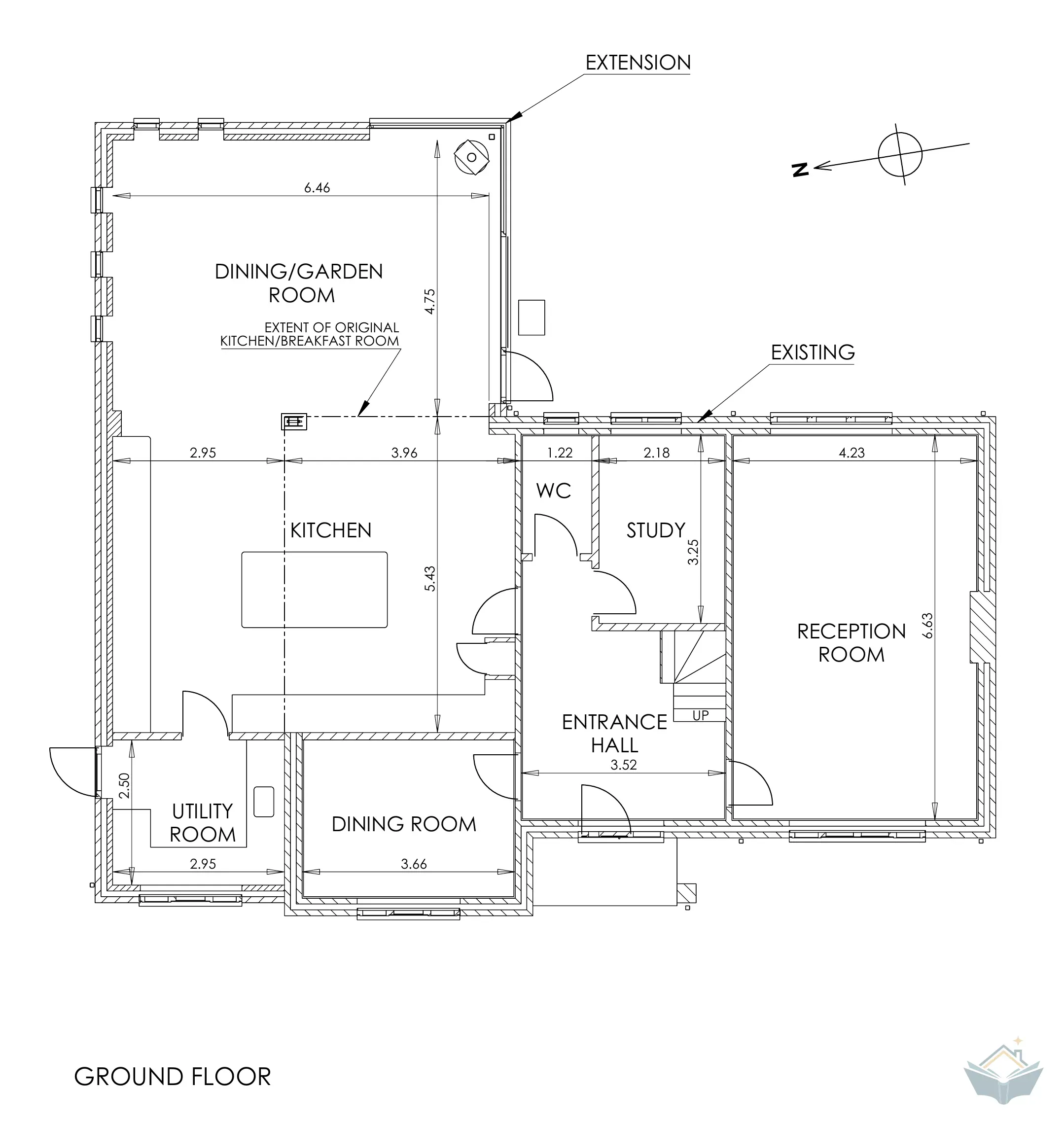 A ground floor plan drawing showing the existing rooms of a house alongside the proposed extension, the new dining and garden room wrapping the rear and side corner, with room dimensions marked throughout and a north arrow.