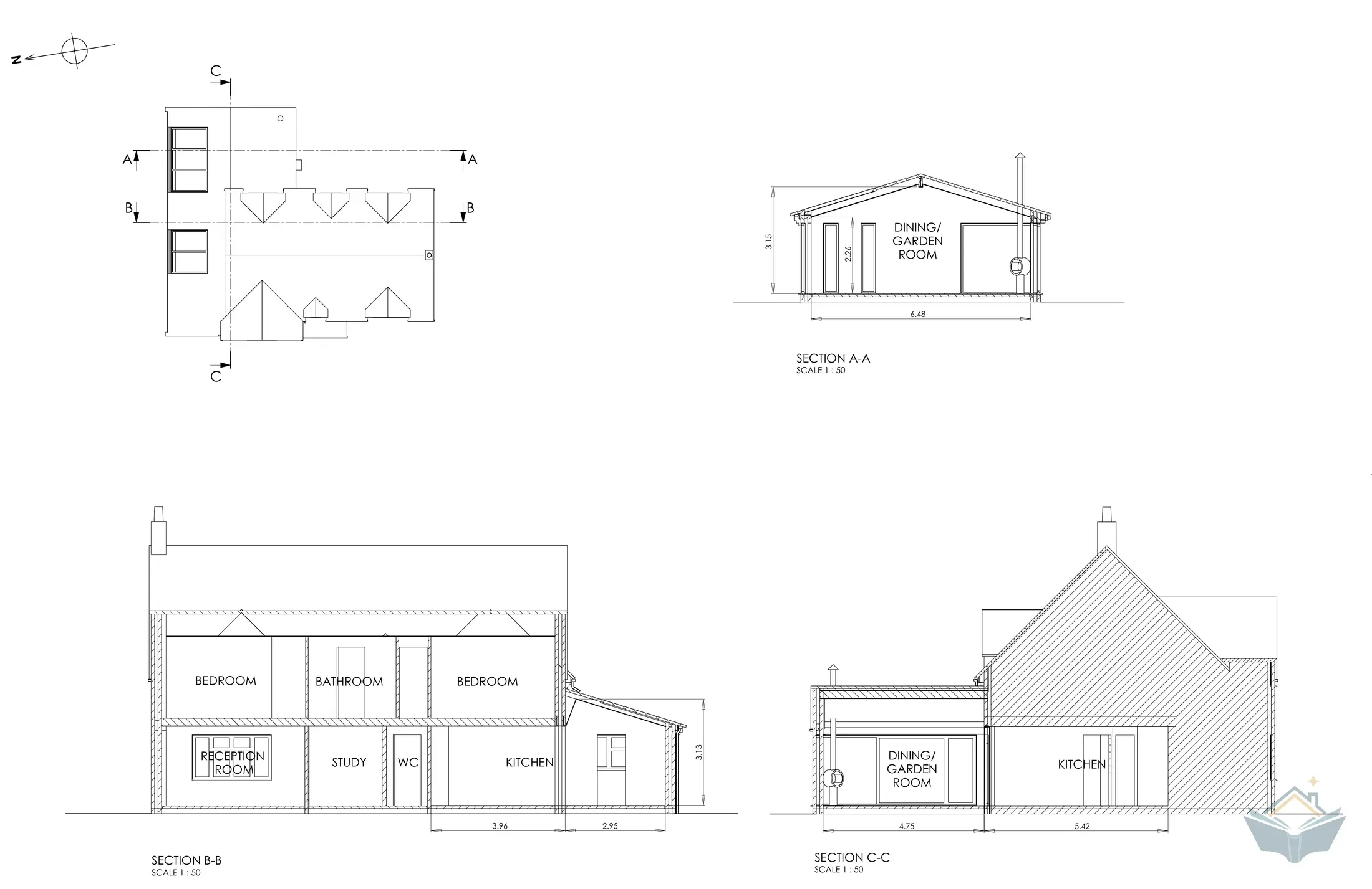 A drawing sheet of three cross sections through the house at 1 to 50, labelled A-A, B-B and C-C, with a small key plan showing where each cut is taken, the bedrooms and bathroom of the two storey house drawn above the reception room, study, WC, kitchen and the new dining and garden room.