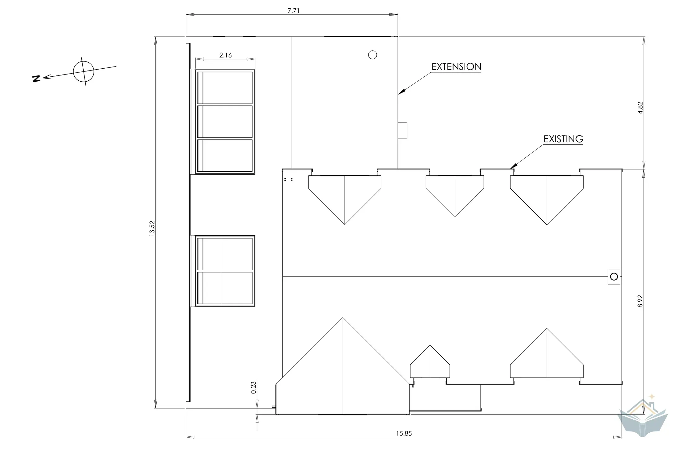 A roof plan drawing of the house and its proposed extension, the new roof forms labelled as extension against the labelled existing roof, with overall dimensions marked around the outside and a north arrow.