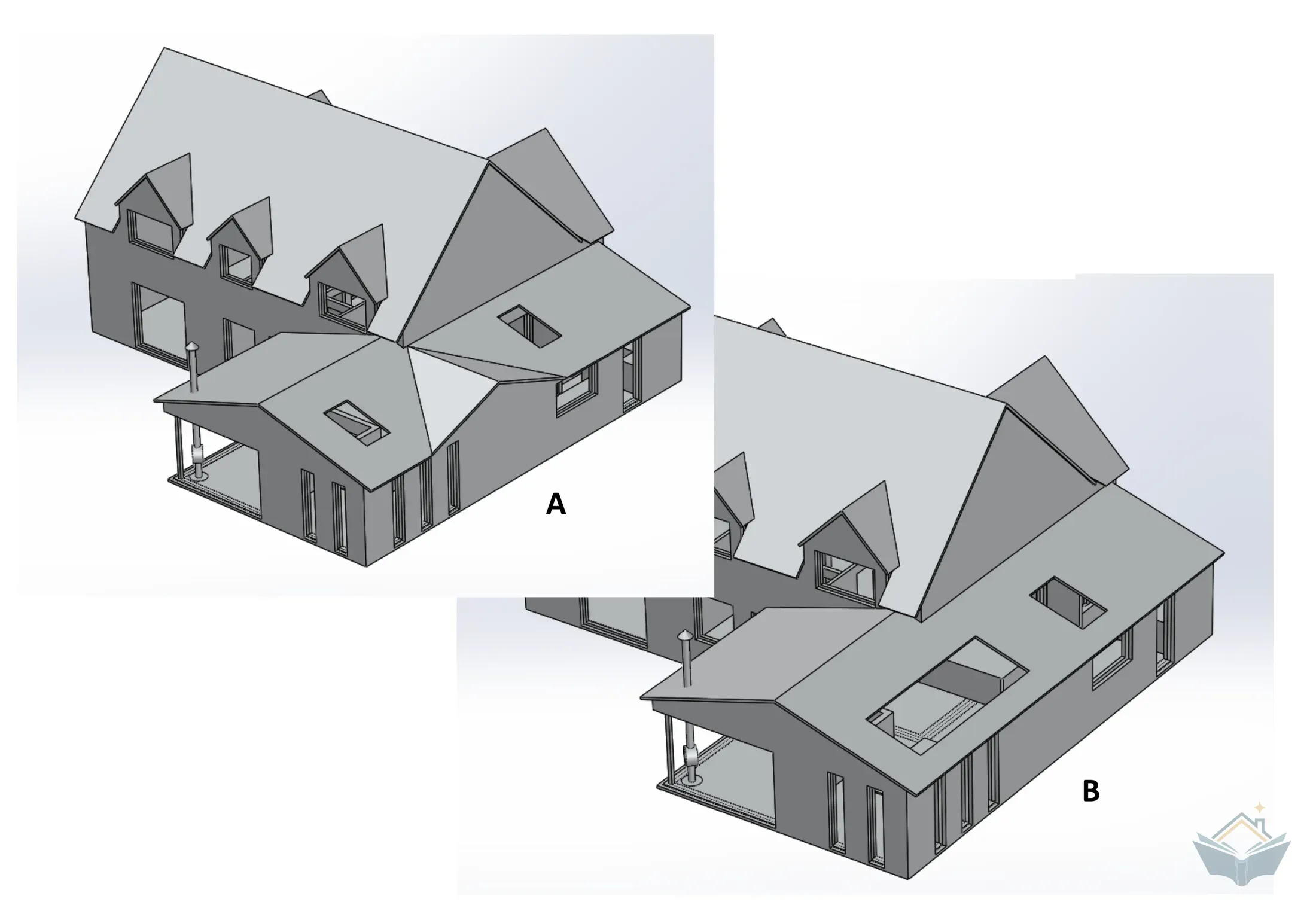 Two shaded 3D views of the same two storey house side by side, labelled A and B, each with a single storey extension on the right, A carrying a multi-pitched roof with one rooflight and B a flatter roof with a large rectangular opening and a smaller rooflight.
