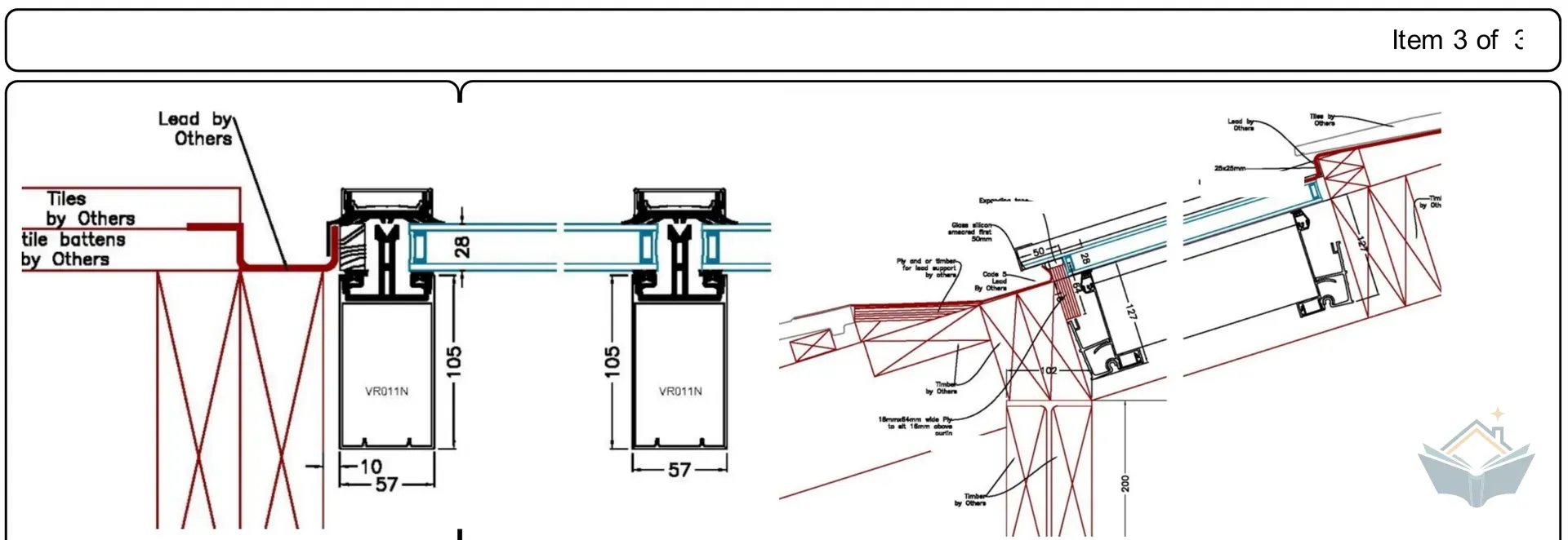 Technical cross section drawings of a glazed rooflight set into a pitched roof, showing lead flashing, tiles, battens and timber support, with several labels ending in 'by Others'.