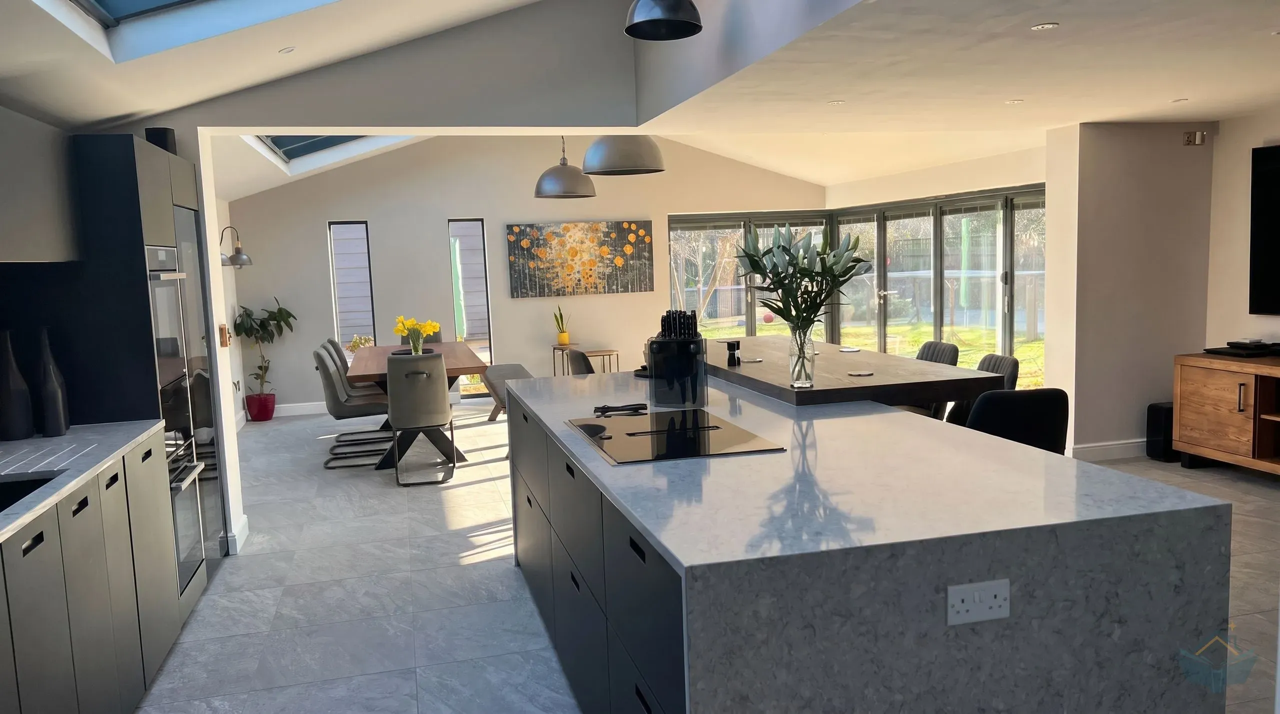 The completed kitchen extension viewed from the utility room entrance, showing the island, the rear cabinet run and the glazed rear wall