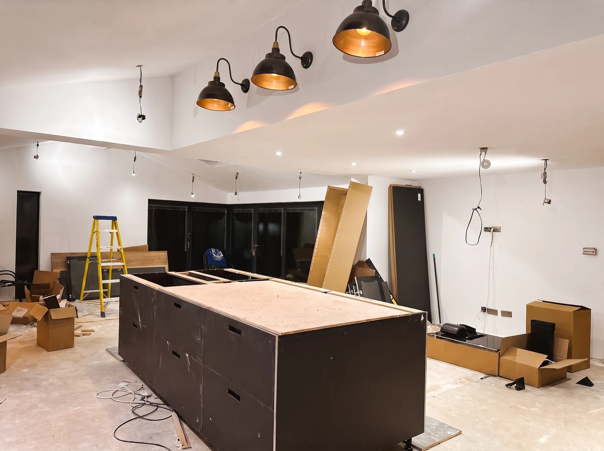 Island carcass with a temporary plywood top, seen from across the room under newly installed recessed downlights and pendant fittings with some wiring still exposed