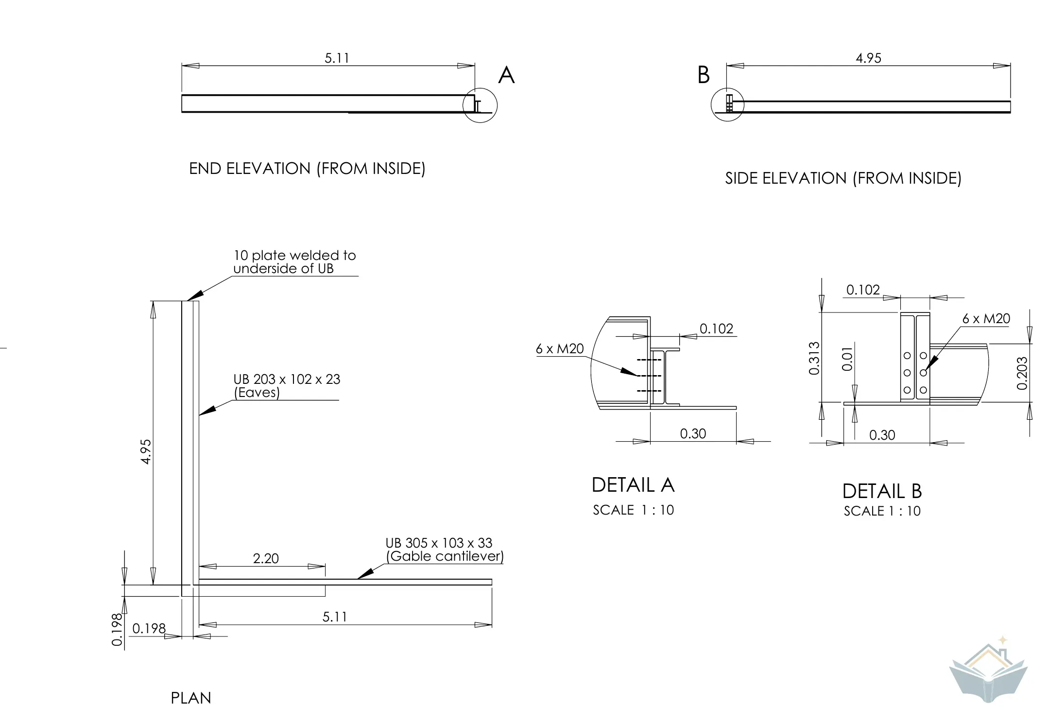 A structural detail drawing of the extension corner in plan and two internal elevations, showing two steel beams labelled as the eaves beam and the gable cantilever, with the bolted connections drawn again at larger scale.