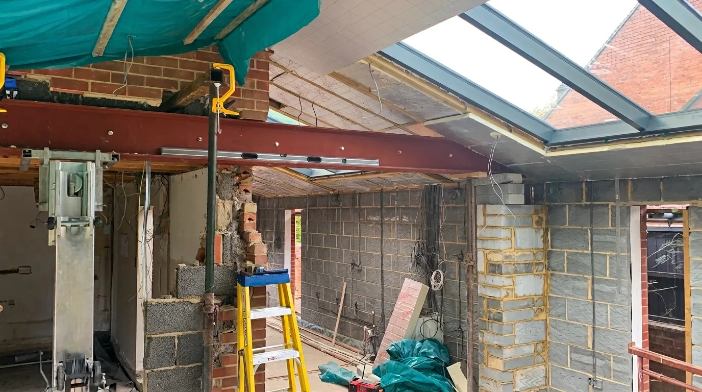 Interior of an active construction site with a large painted steel I-beam installed on temporary supports, new grey block walls, exposed brickwork and a rooflight overhead.