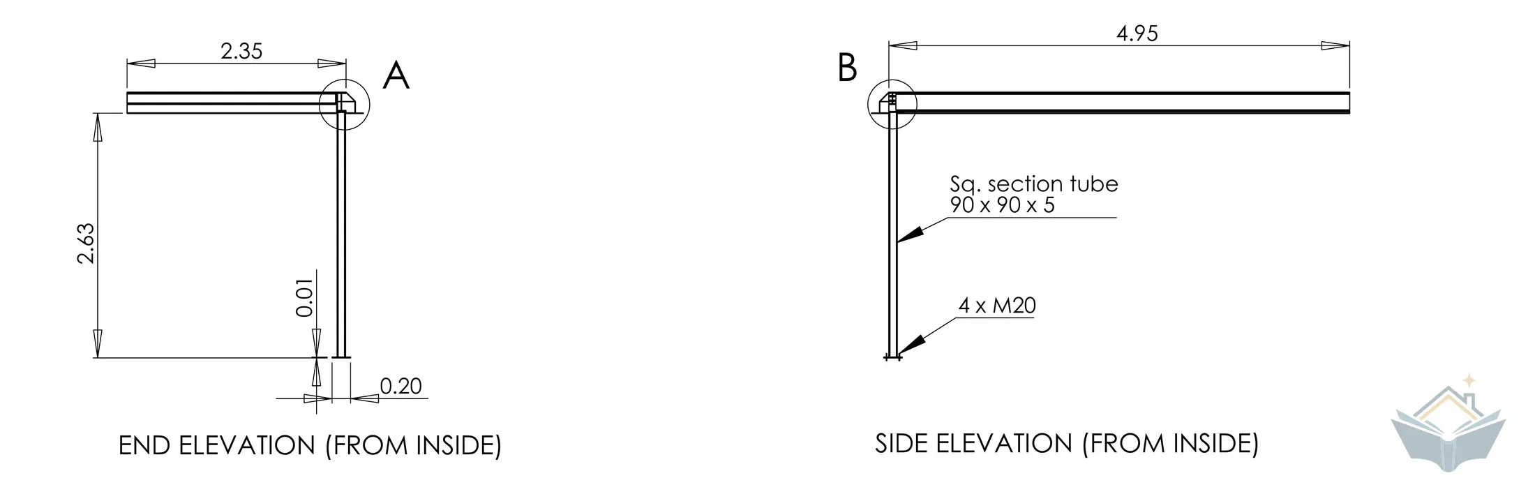 Two structural elevation drawings of the extension corner seen from inside, a horizontal steel member landing on a vertical square section tube post with four bolts at its base.