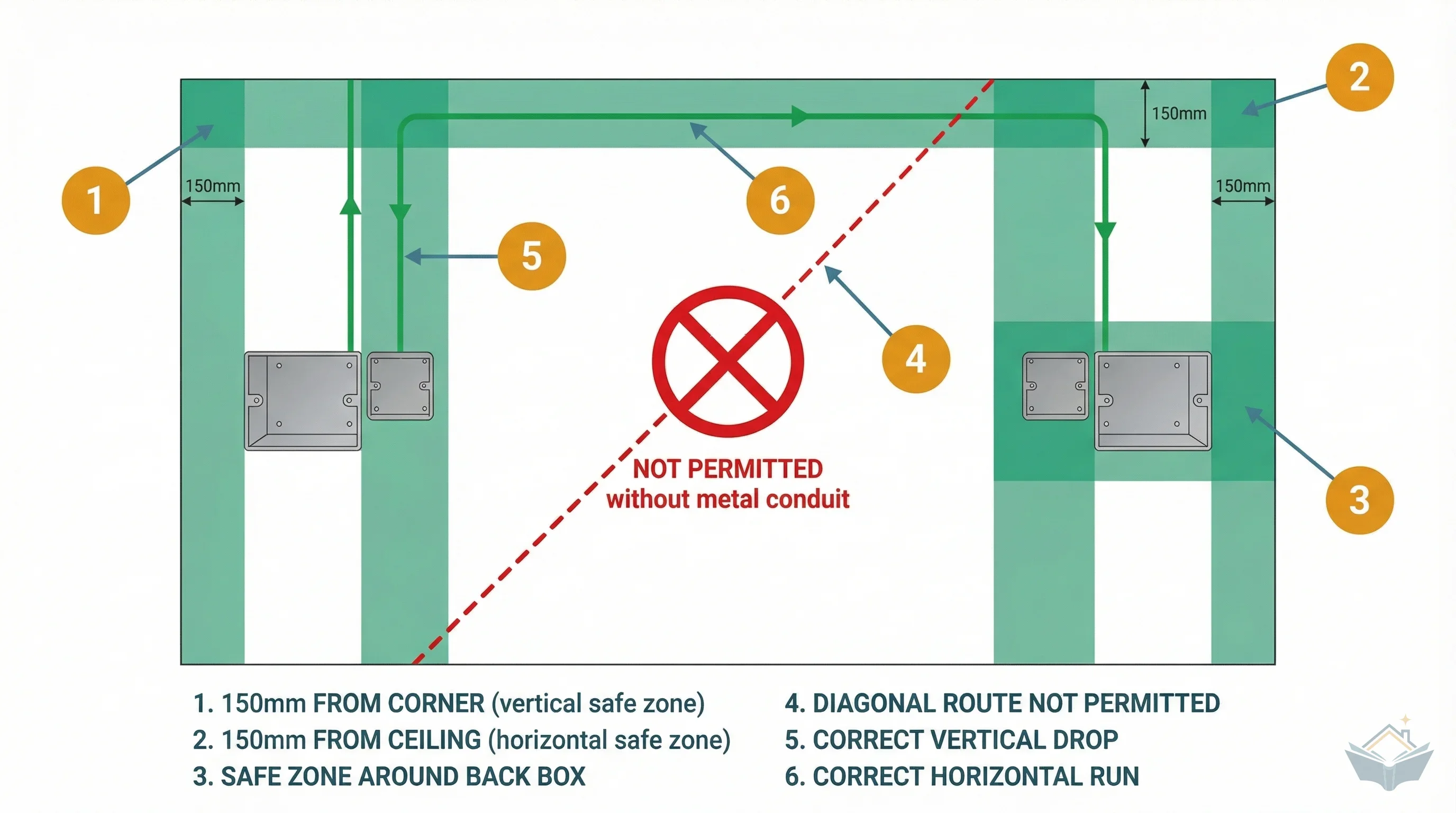 Front-facing wall elevation diagram showing BS 7671 cable safe zones. Green shaded strips mark the 150mm exclusion zones from wall corners, ceiling, and around back boxes. A red diagonal line with prohibition symbol shows a route that is not permitted without metal conduit. Green arrows indicate correct vertical and horizontal cable routes within safe zones, with six numbered callout badges identifying each zone type.