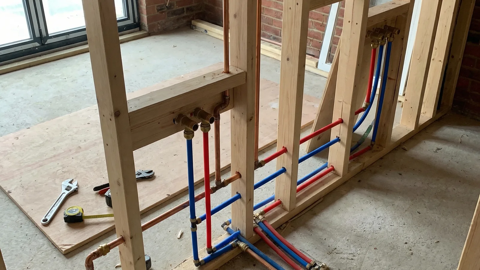 Process infographic showing the first fix plumbing workflow from layout plan through pipe installation, pressure testing, and sign-off before walls are closed