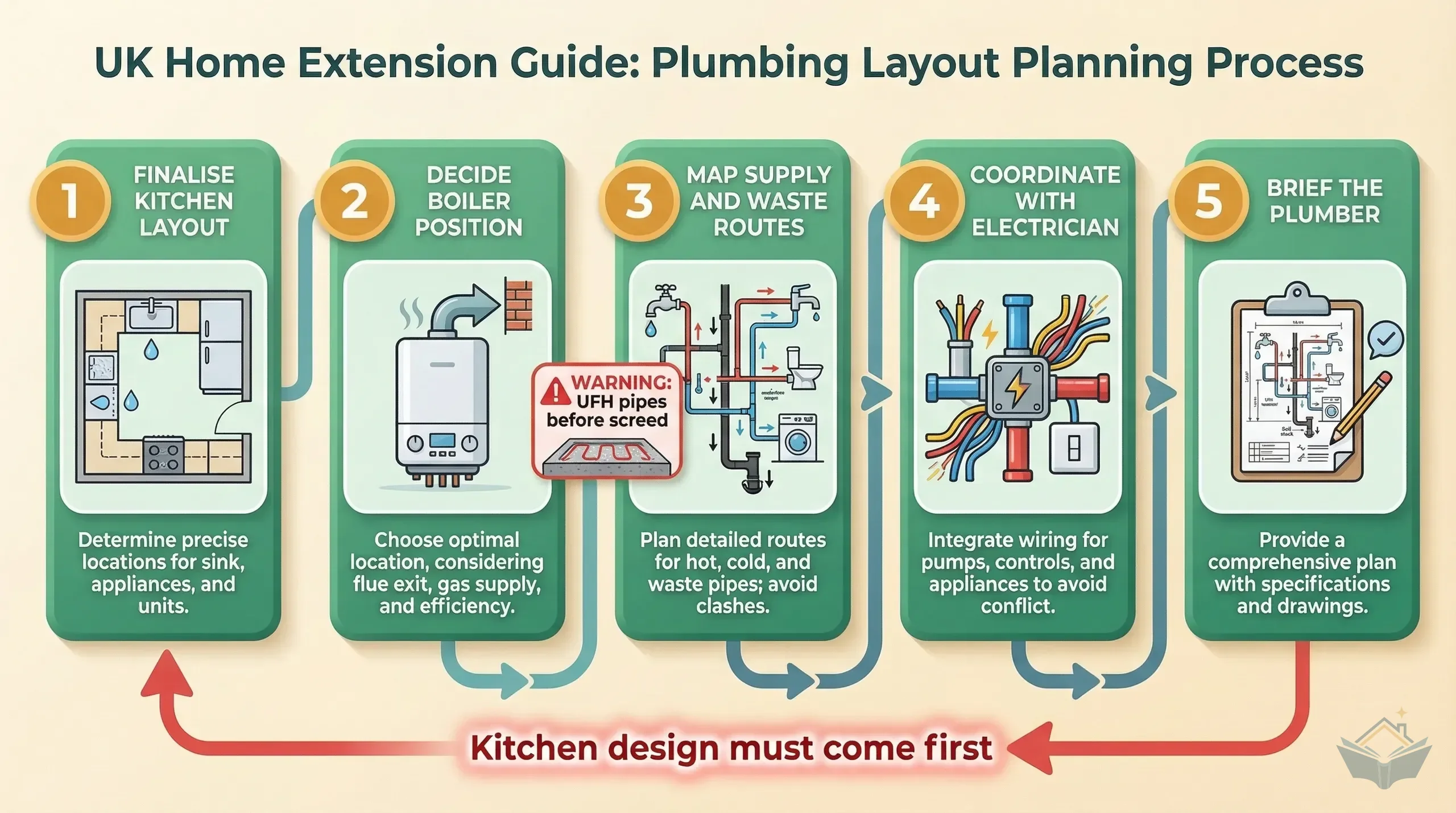 Process infographic showing the plumbing layout planning sequence: finalise room layout, choose boiler position, map supply and waste routes, coordinate with electrician, then brief the plumber