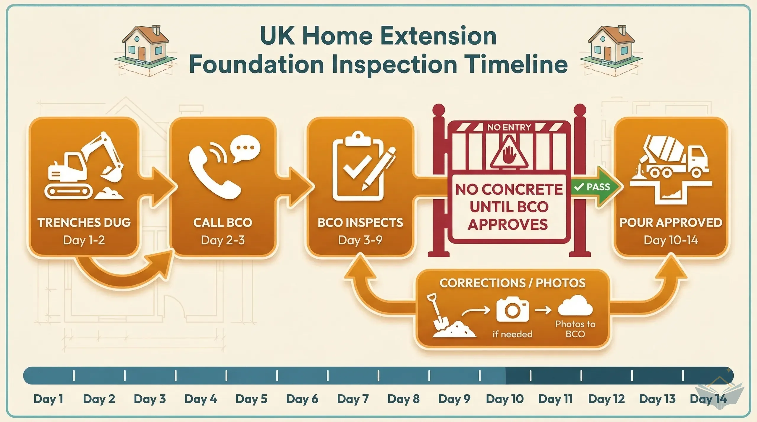 Process infographic showing a foundation inspection timeline from trench dig through BCO visit, corrections, photo submission, approval, and concrete pour across a 10 to 14 day window