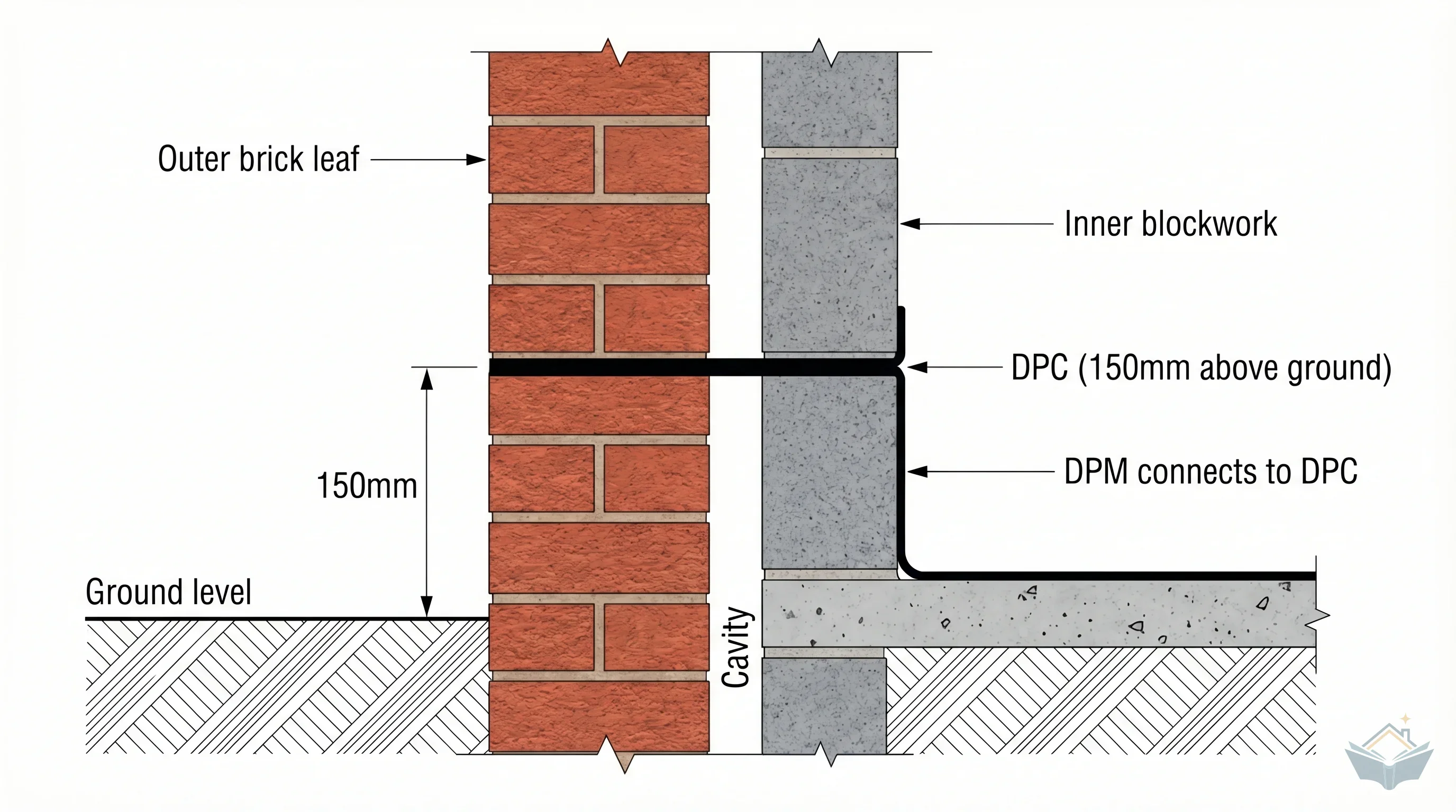 Technical cross-section diagram showing DPC position in a UK extension cavity wall with DPM connection at floor level