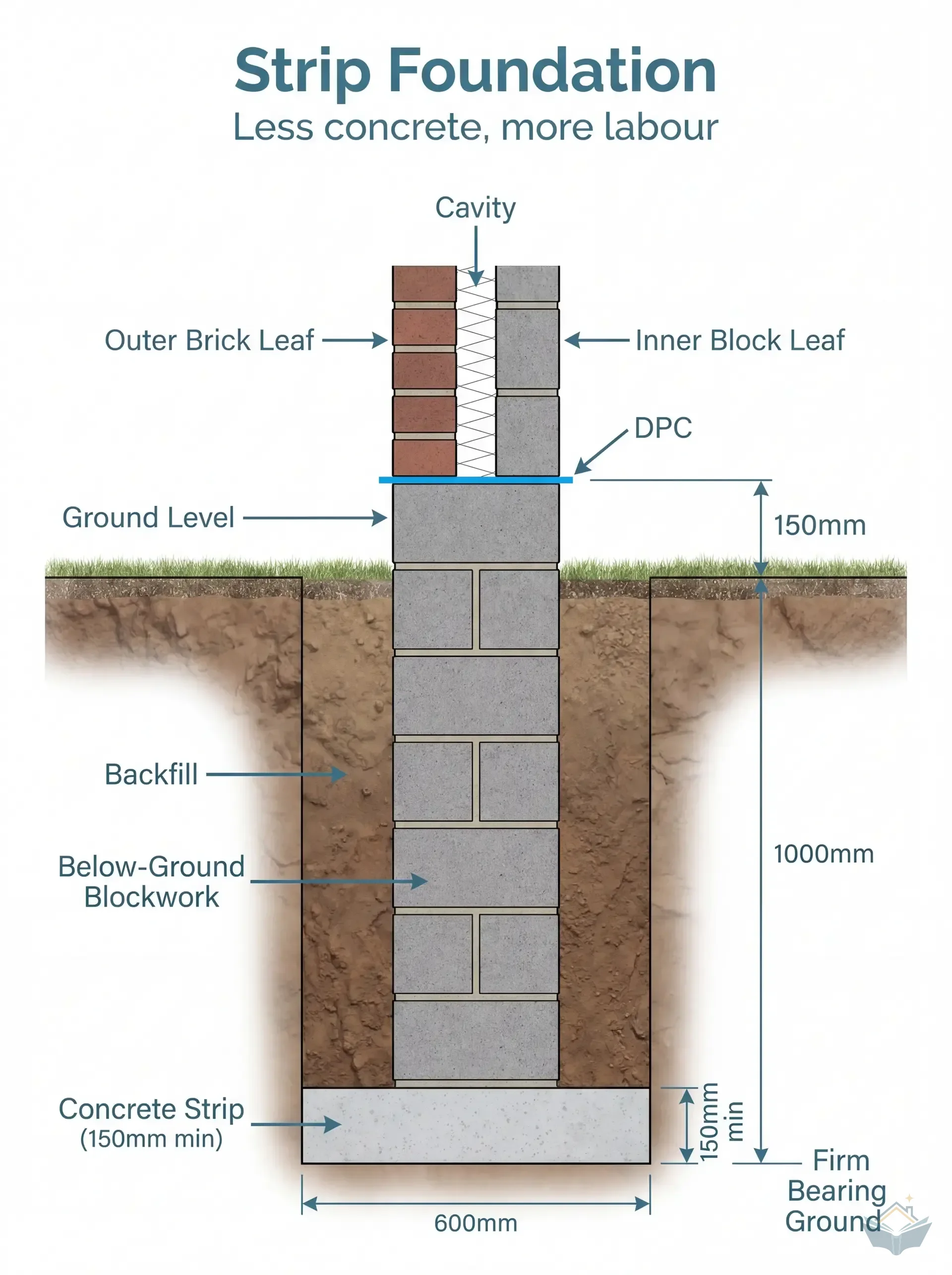 Cross-section of a strip foundation showing a thin concrete strip at the bottom with below-ground blockwork built up to ground level