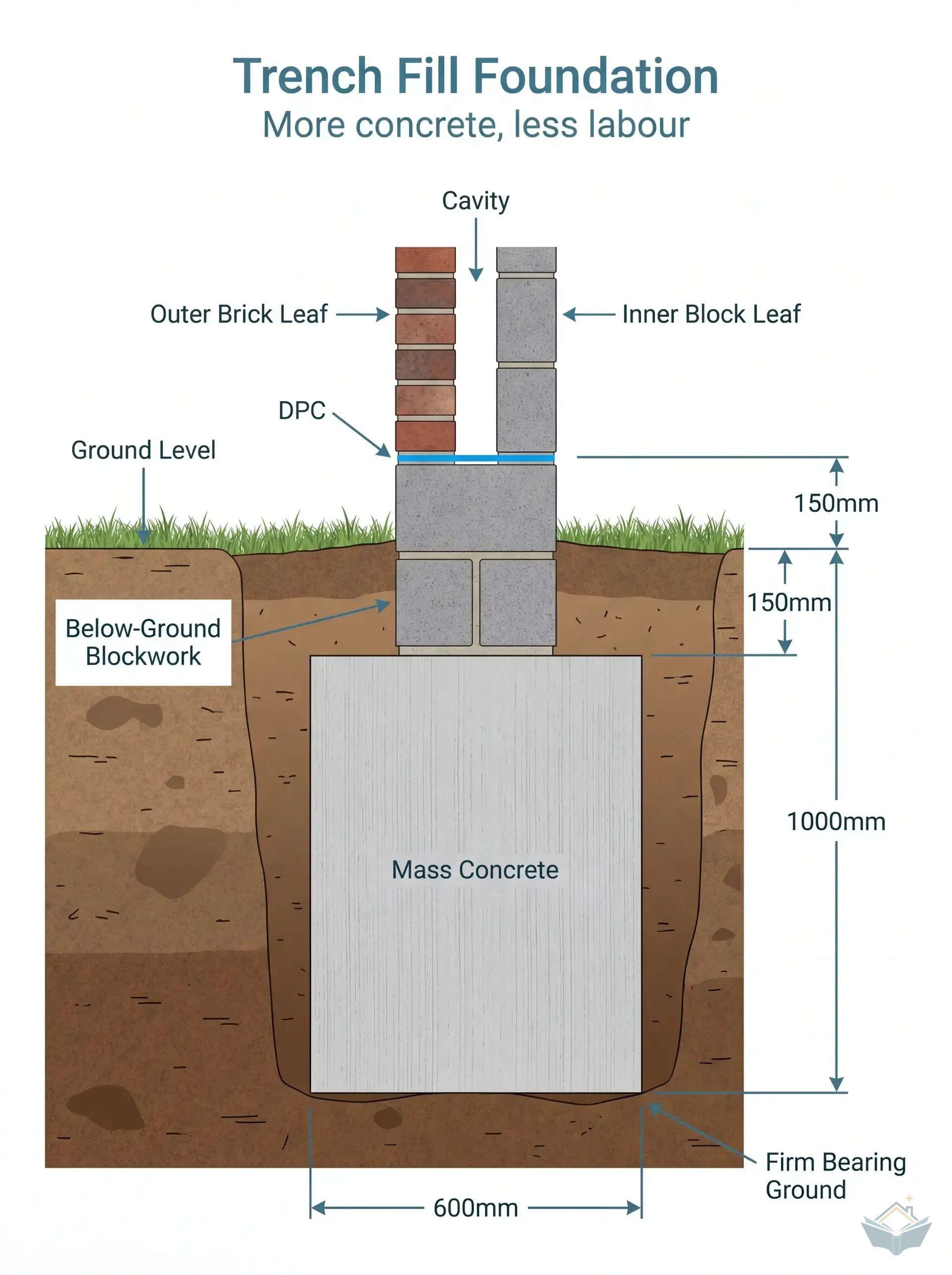 Cross-section of a trench fill foundation showing mass concrete filling the trench with cavity wall centred on top