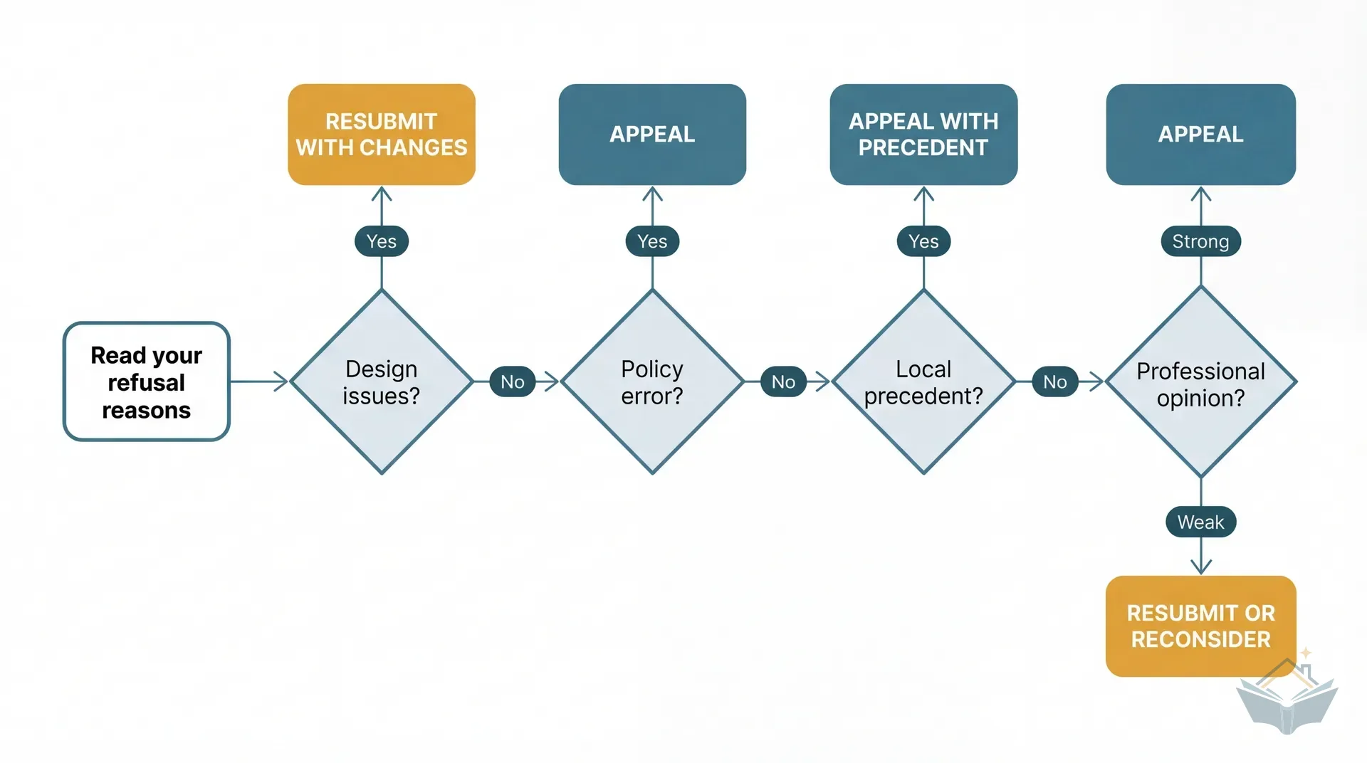 Decision flowchart helping homeowners choose between appealing and resubmitting after a planning refusal