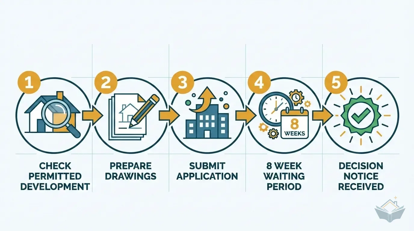 Five-step planning permission process: check permitted development, prepare drawings, submit application, 8-week waiting period, decision notice received