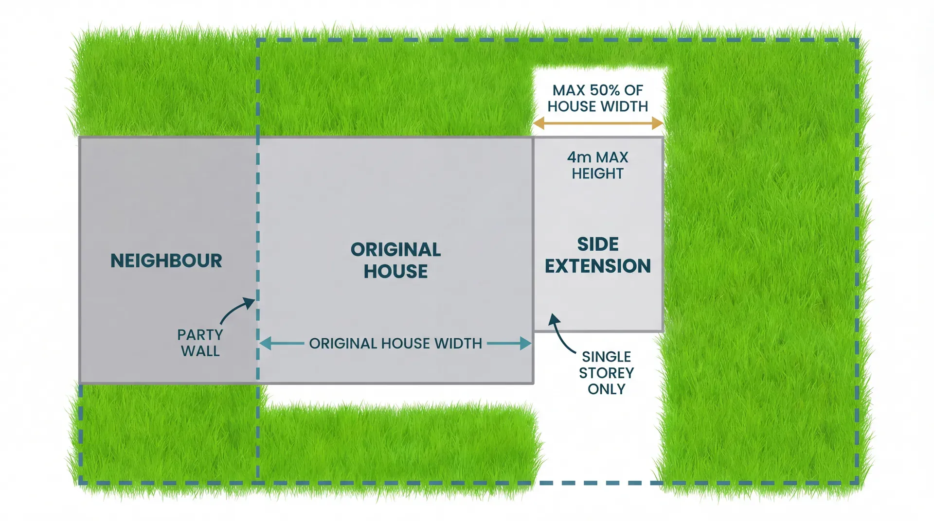 Bird's eye view of a semi-detached house with a side extension: the extension width cannot exceed 50% of the original house width, must be single storey, and has a 4m maximum height