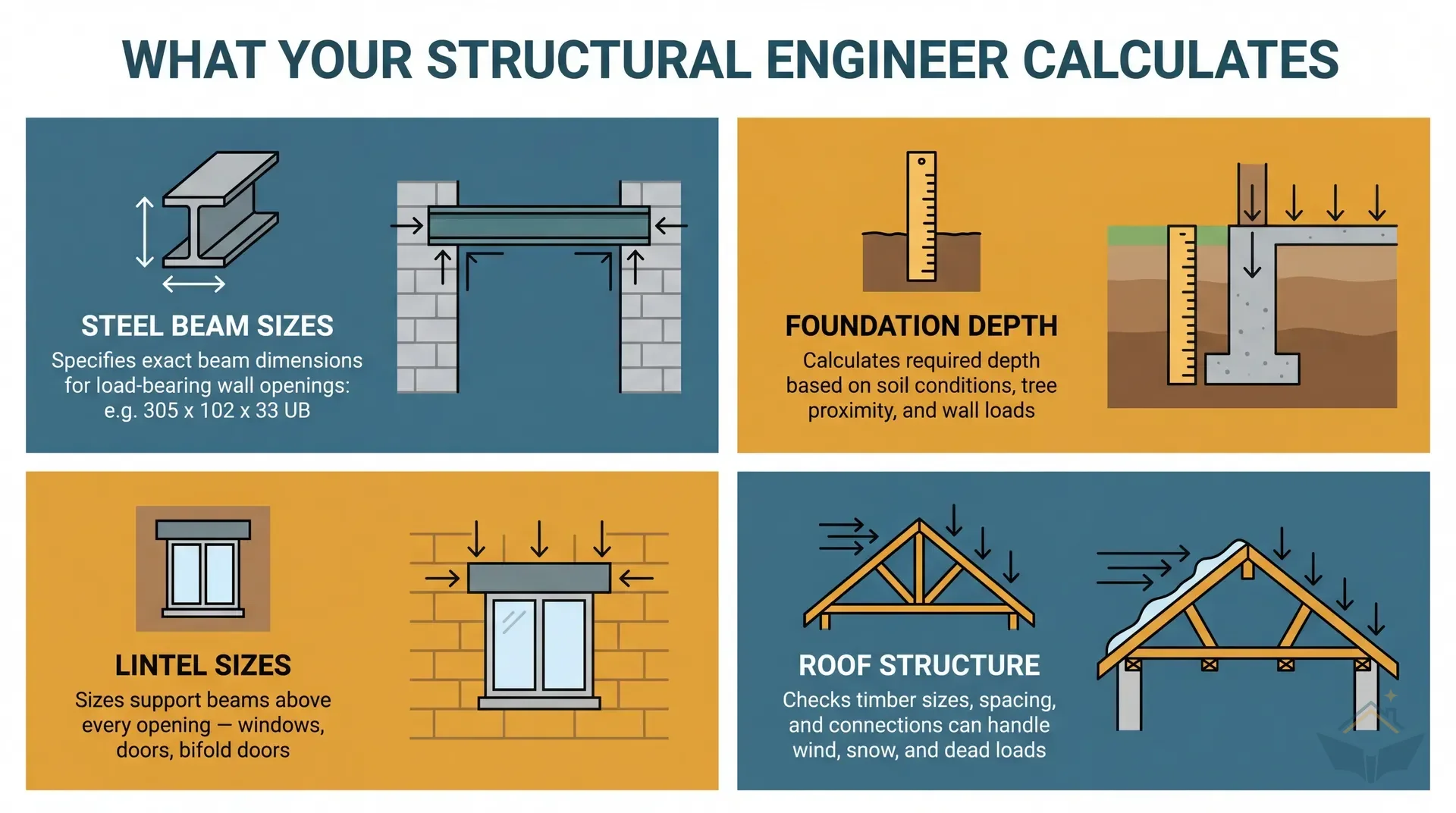 Four-panel grid showing what a structural engineer calculates: steel beam sizes for load-bearing wall openings, foundation depth based on soil conditions, lintel sizes above windows and doors, and roof structure adequacy for wind and snow loads