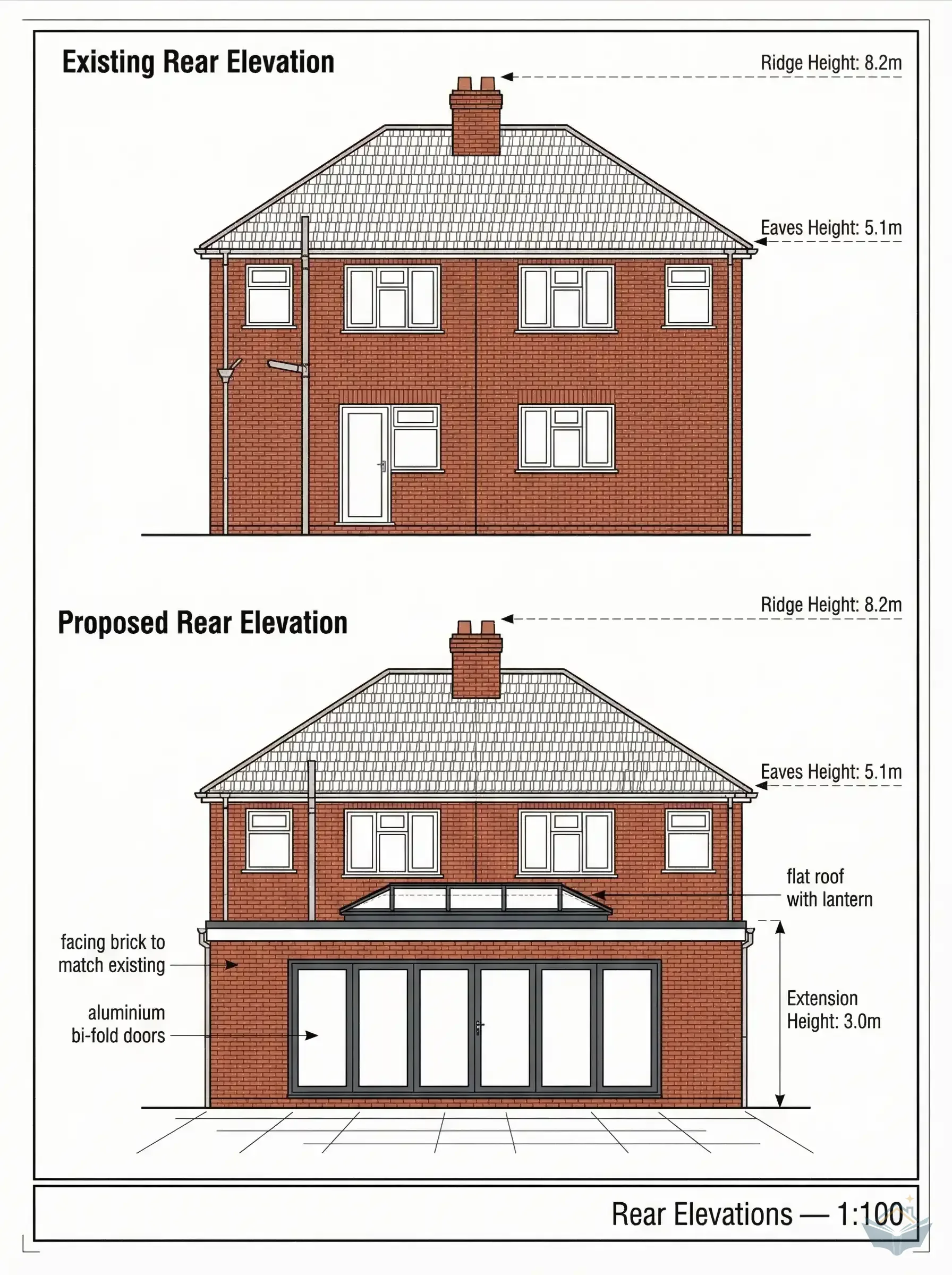 Example rear elevation drawings showing existing house and proposed single-storey extension with bi-fold doors, flat roof with lantern, and key dimensions