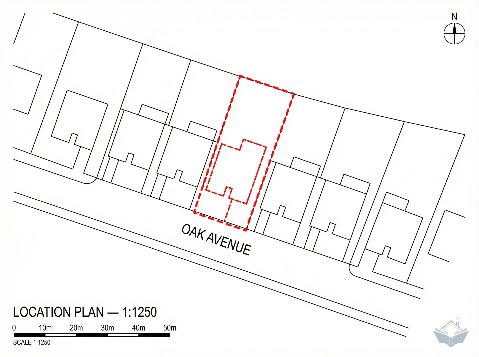 Example location plan at 1:1250 scale showing a property outlined with a red dashed boundary on a street called Oak Avenue, with north arrow and scale bar