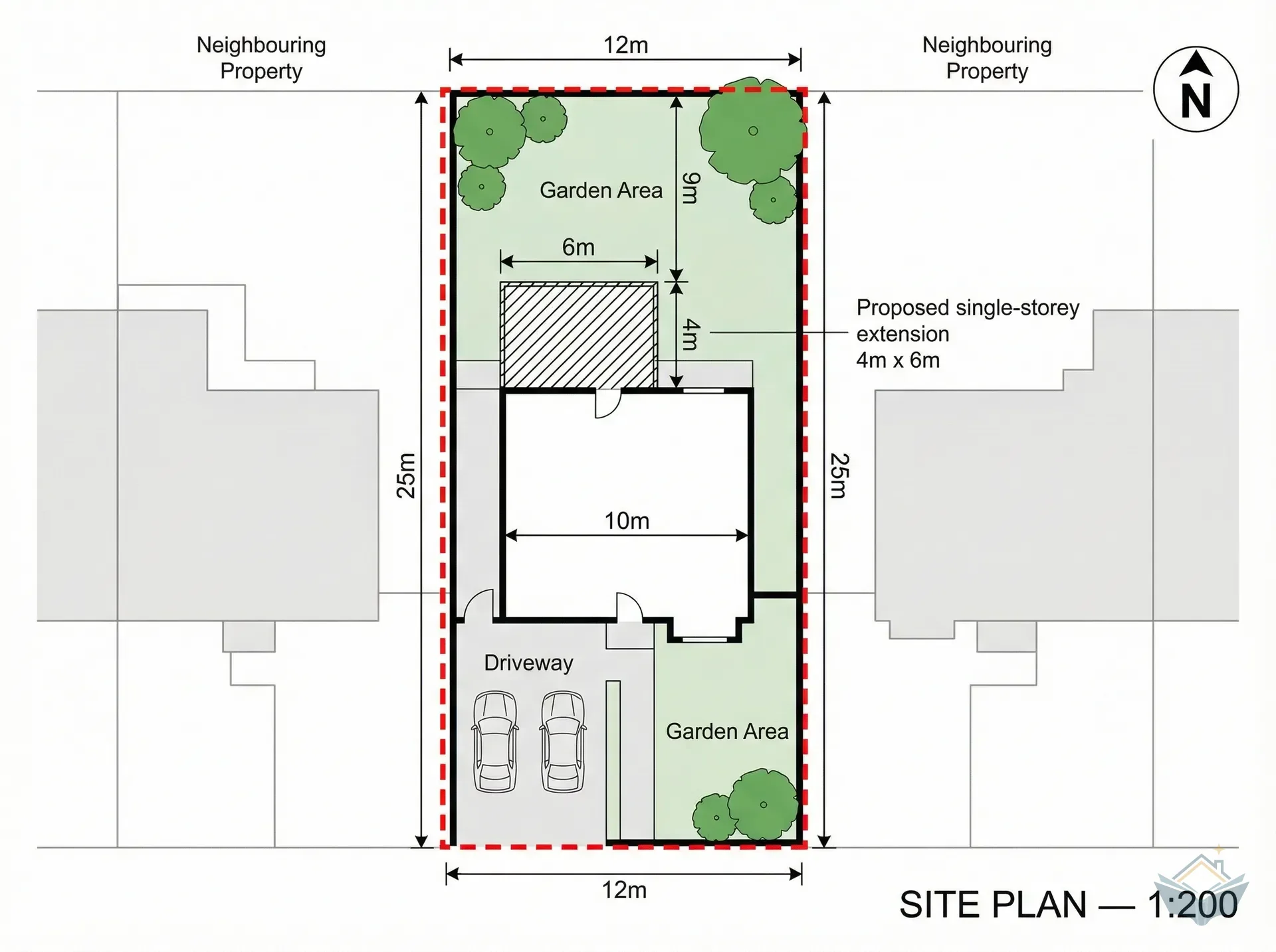 Example site plan at 1:200 scale showing existing house footprint and proposed single-storey extension with dimensions and boundary distances