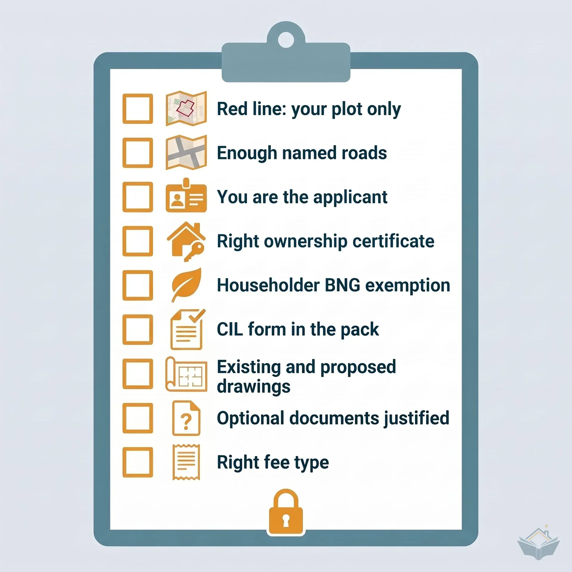 A clipboard checklist with nine rows, each with an empty tick box and a small icon, covering the red line, named roads, applicant, ownership certificate, biodiversity exemption, CIL form, drawings, optional documents and fee type, with a padlock at the foot.