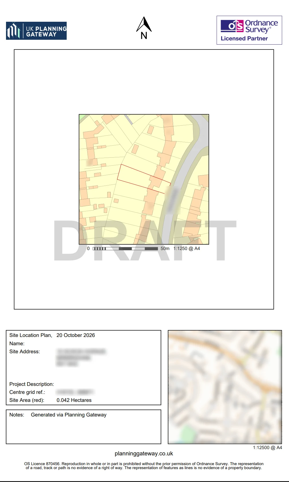 A generated site location plan on A4 with a north arrow, an Ordnance Survey licensed partner mark, a scale bar at 1:1250 and a title block. Map labels, the address, the grid reference and the overview map are blurred.
