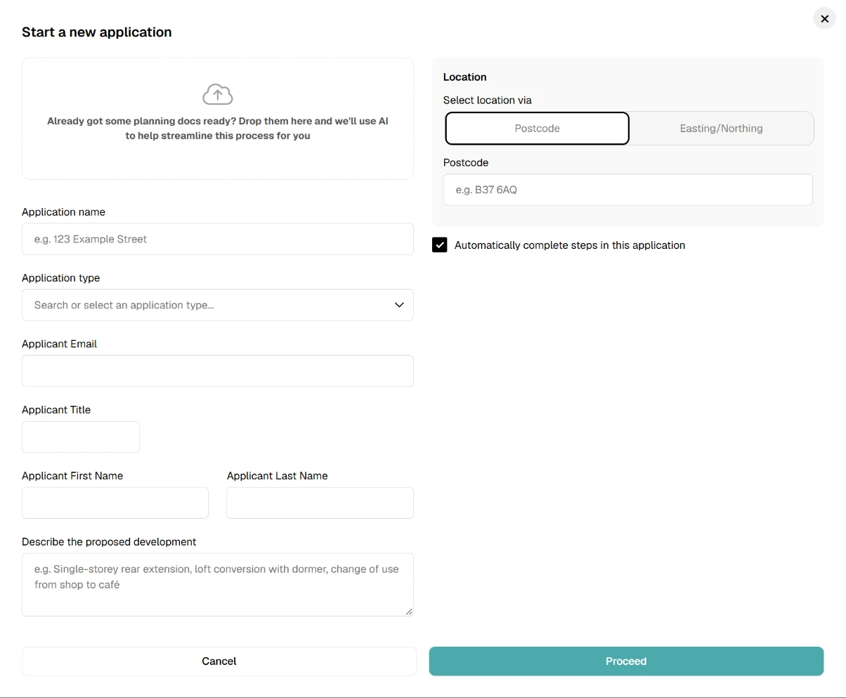 The UK Planning Gateway new application screen, with fields for application name, application type, applicant email and name, a description of the proposed development, and a postcode search for the location, plus a tick box to complete steps automatically.