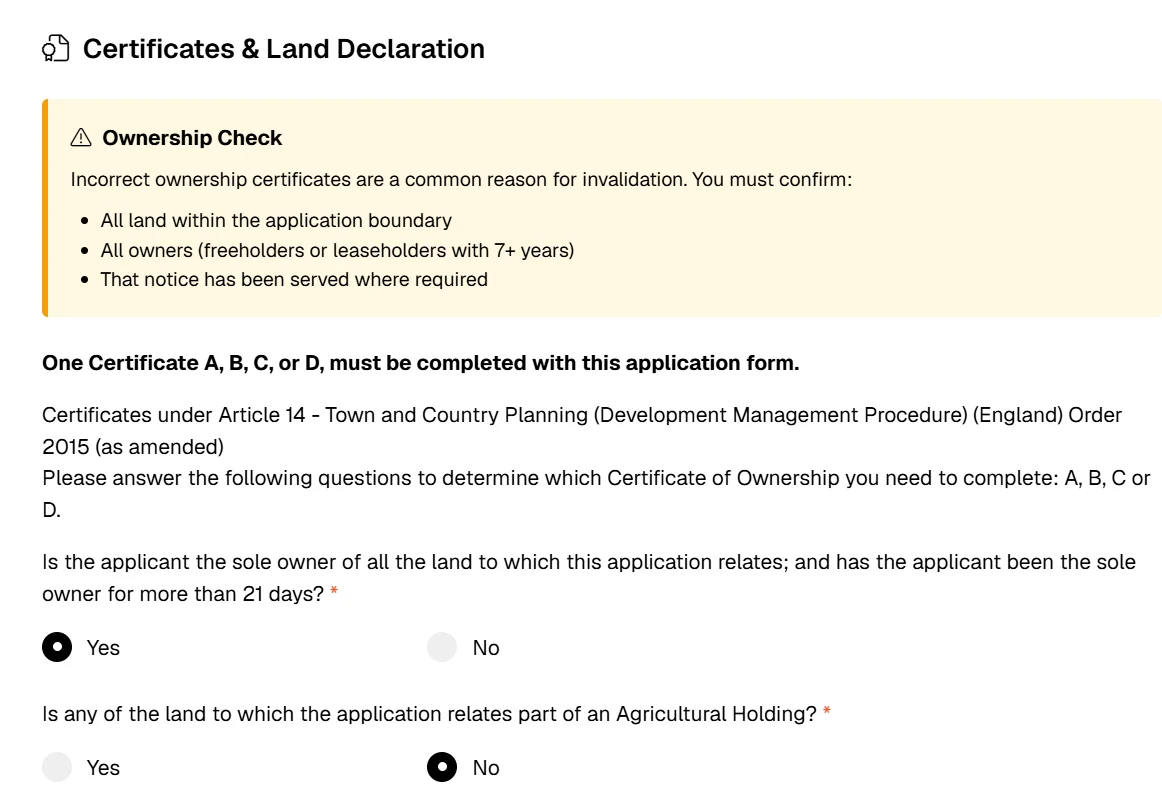 The UK Planning Gateway certificates and land declaration step, with an ownership check warning and plain-English questions asking whether the applicant is the sole owner of all the land for more than 21 days.
