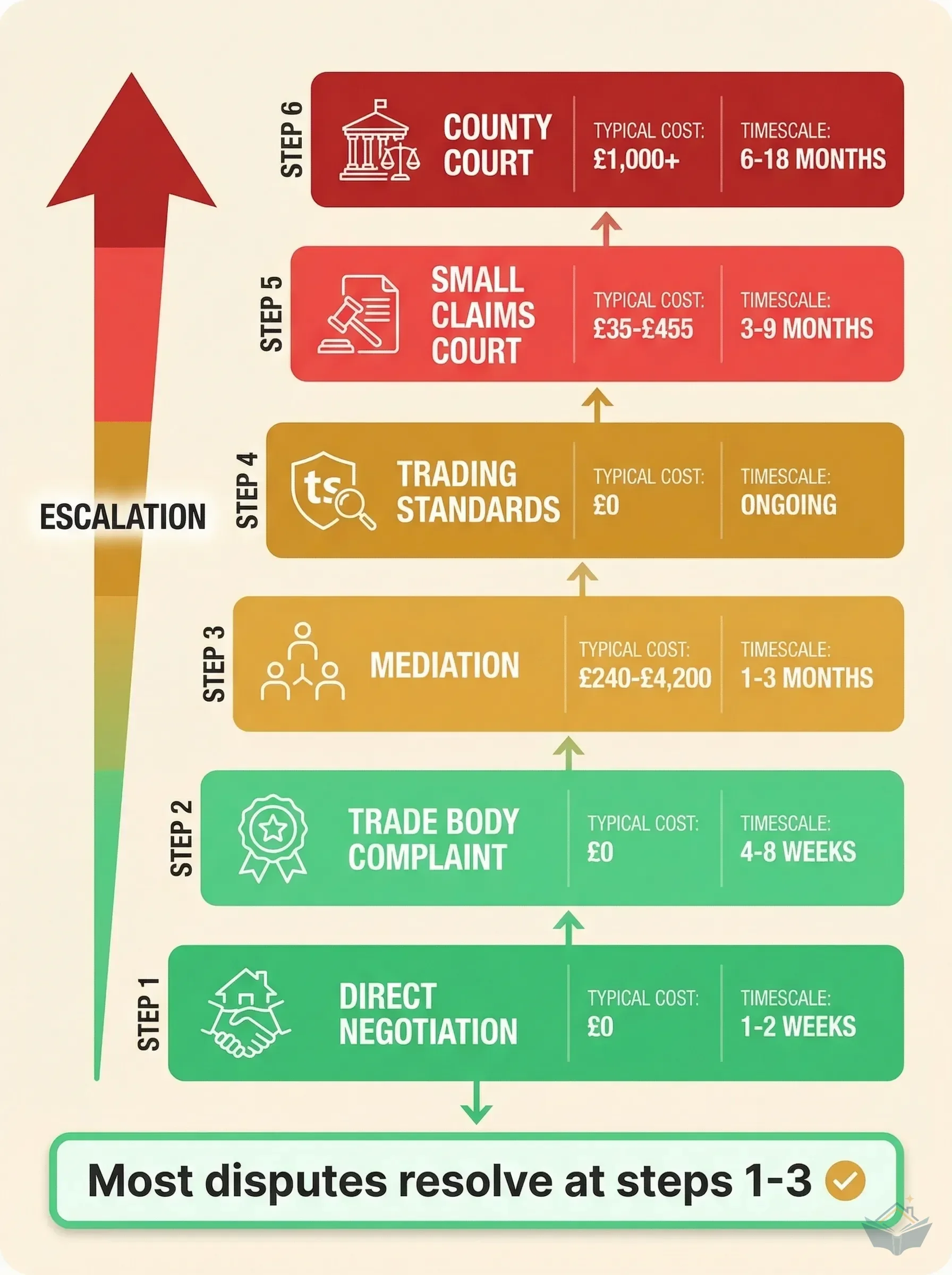 Dispute escalation ladder showing six resolution steps from direct negotiation through to county court, with costs and timescales at each level